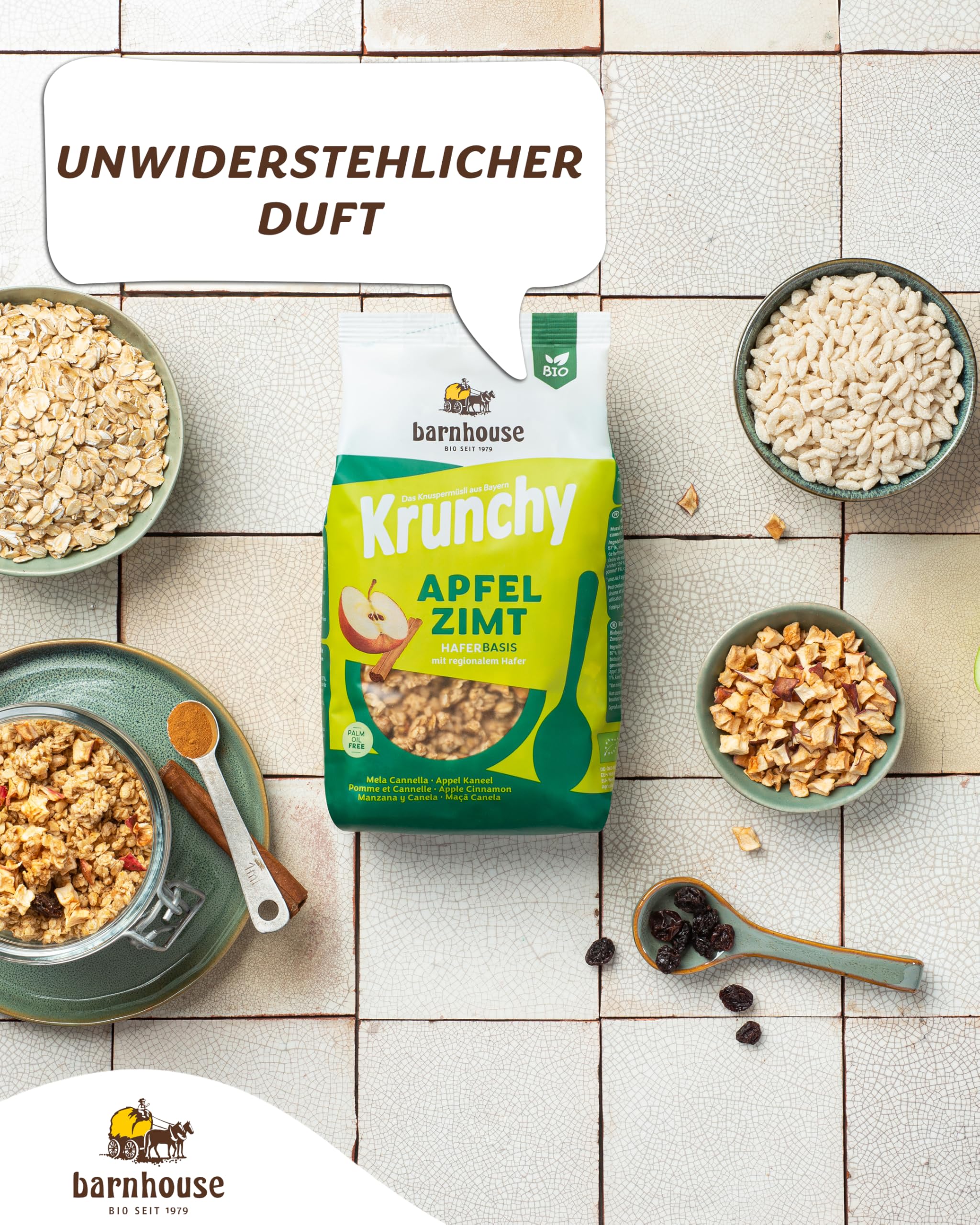Barnhouse Krunchy Apfel-Zimt, Bio Hafer-Knuspermüsli aus Bayern, mit köstlichen Apfelstückchen und aromatischem Zimt, 6 x 750 g