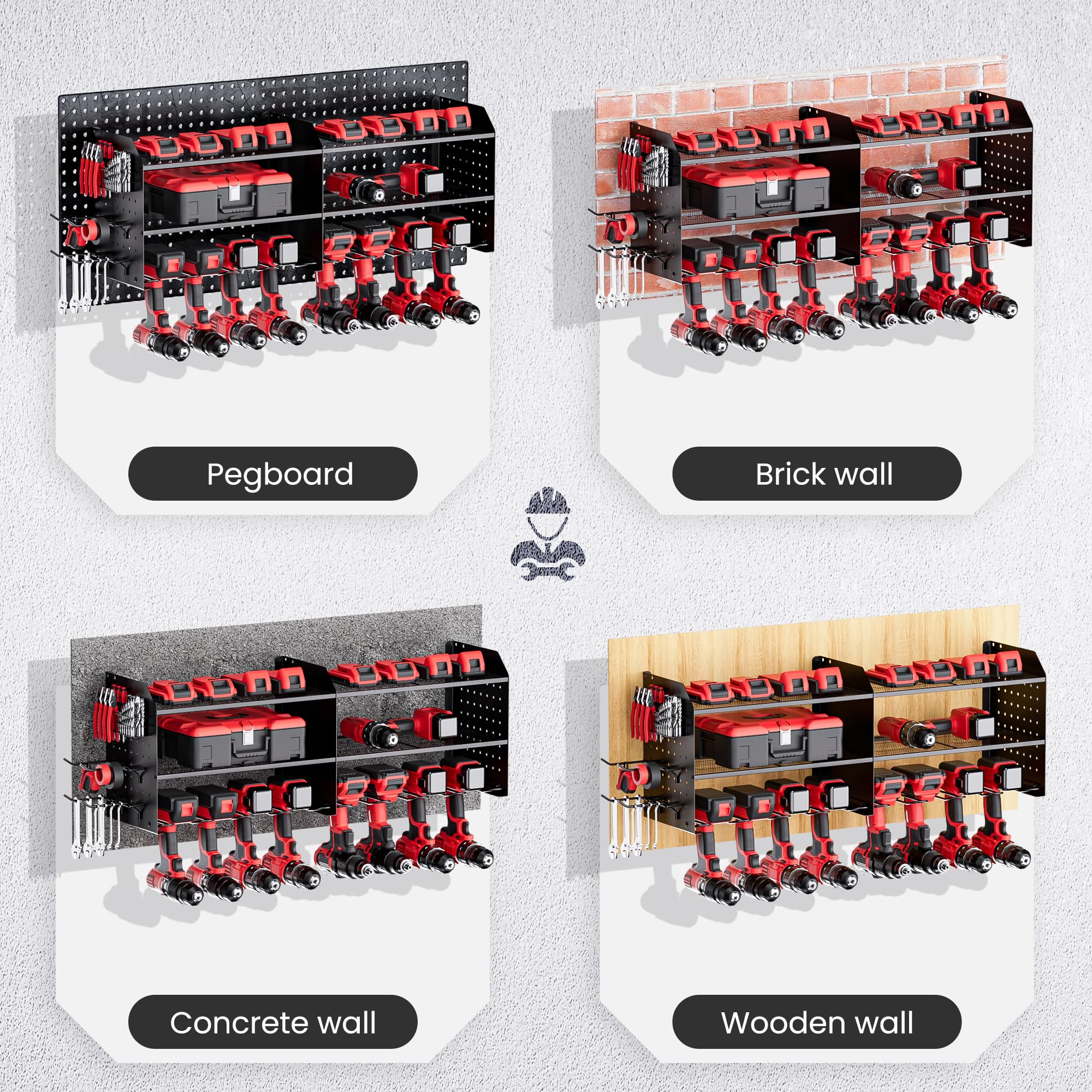 TRZZ Organizer na elektronarzędzi 2 w 1, uchwyt ścienny, 3-warstwowy uchwyt na wiertarkę z 2 bocznymi płytami montażowymi, 8 uchwytów na wiertarki, 4 haczyki, 1 stojak na wiertła boczne, wieszak na