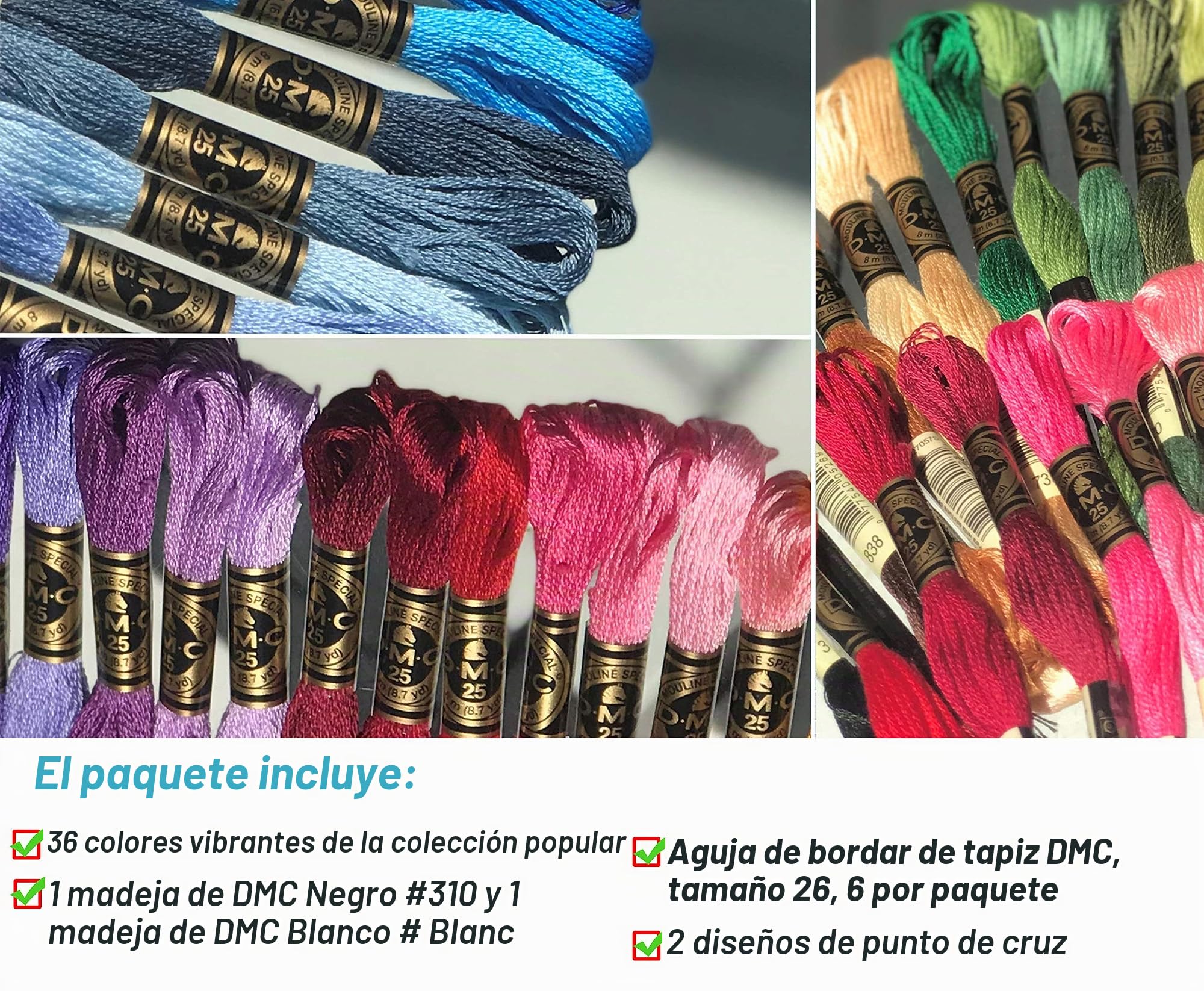 Hilo de bordado DMC, kit de 36 colores populares, incluye agujas de mano DMC Mouline de algodón blanco/negro y 2 diseños de punto de cruz