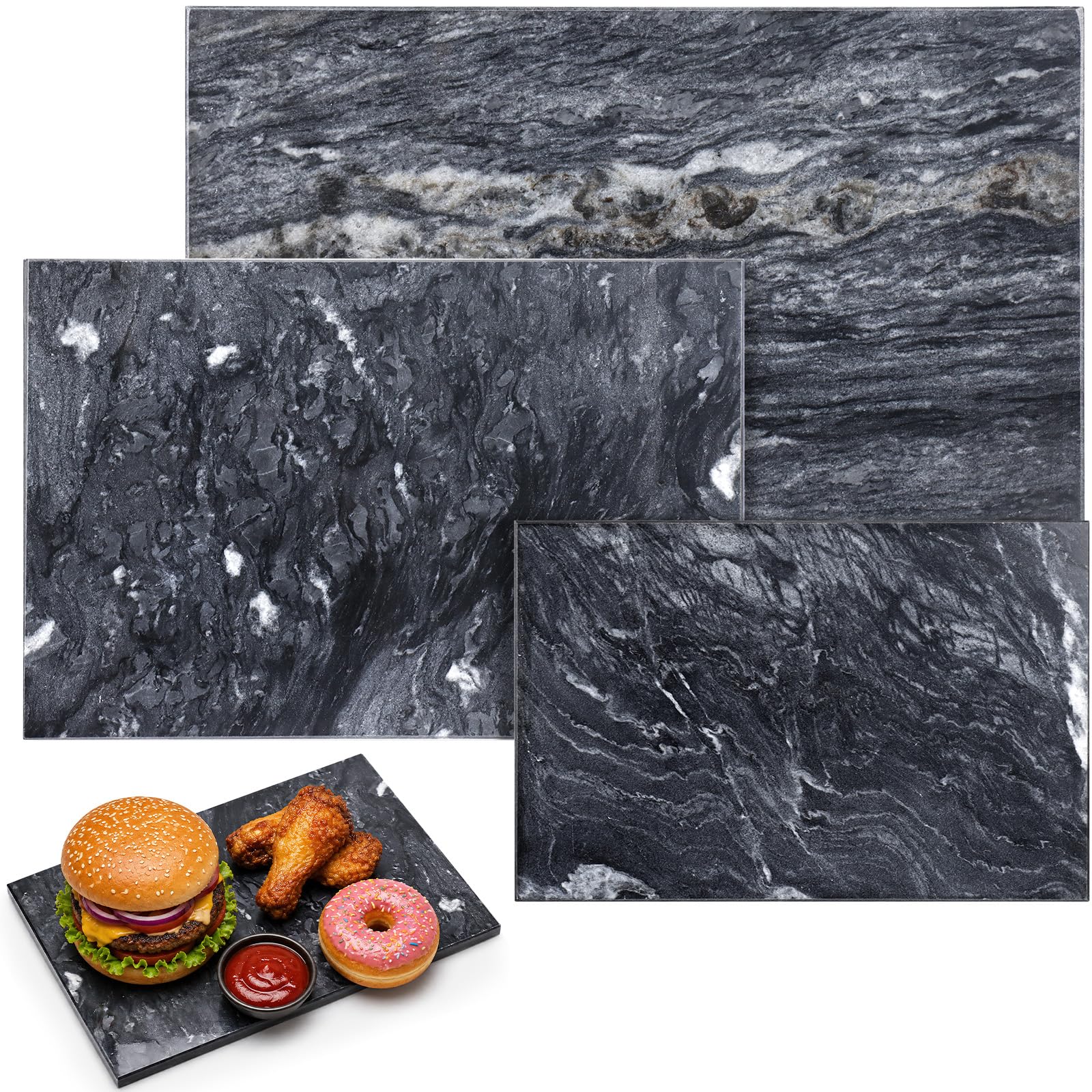 3 Pack Marble Chopping Boards, Black Marble Serving Boards Trays Platters
