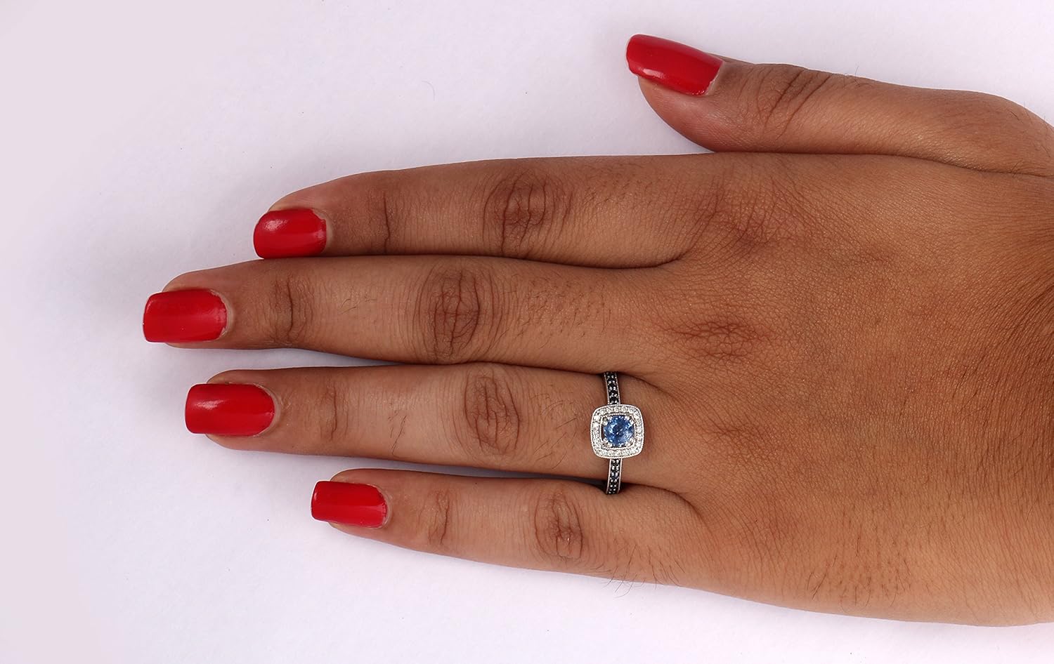 Solid 14k White Gold Wedding Engagement Ring W/ 0.10 ct Diamond and Simulated Blue Sapphire