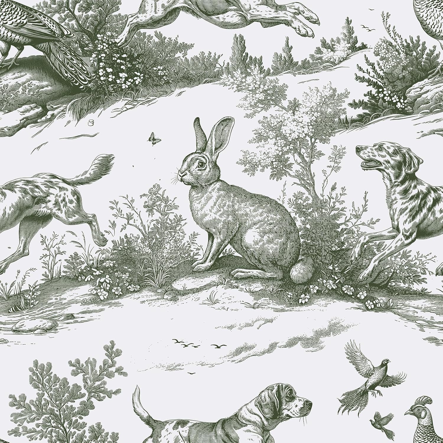 VaryStyle 17.7"x393" Grey/Green Forest Wallpaper Cottage Core Dogs/Rabbit/Bird Animal Floral Peel and Stick Wallpaper for Kids Room Bathroom Waterproof Vinyl Roll Grey Contact Paper for Shelves Drawer