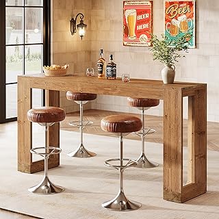 63-Inch Solid Wood Bar Table, Farmhouse Counter Height Pub Table, Rectangular Home Coffee Bar Units for Kitchen, Dining Room, Living Room, Bistro, Brown