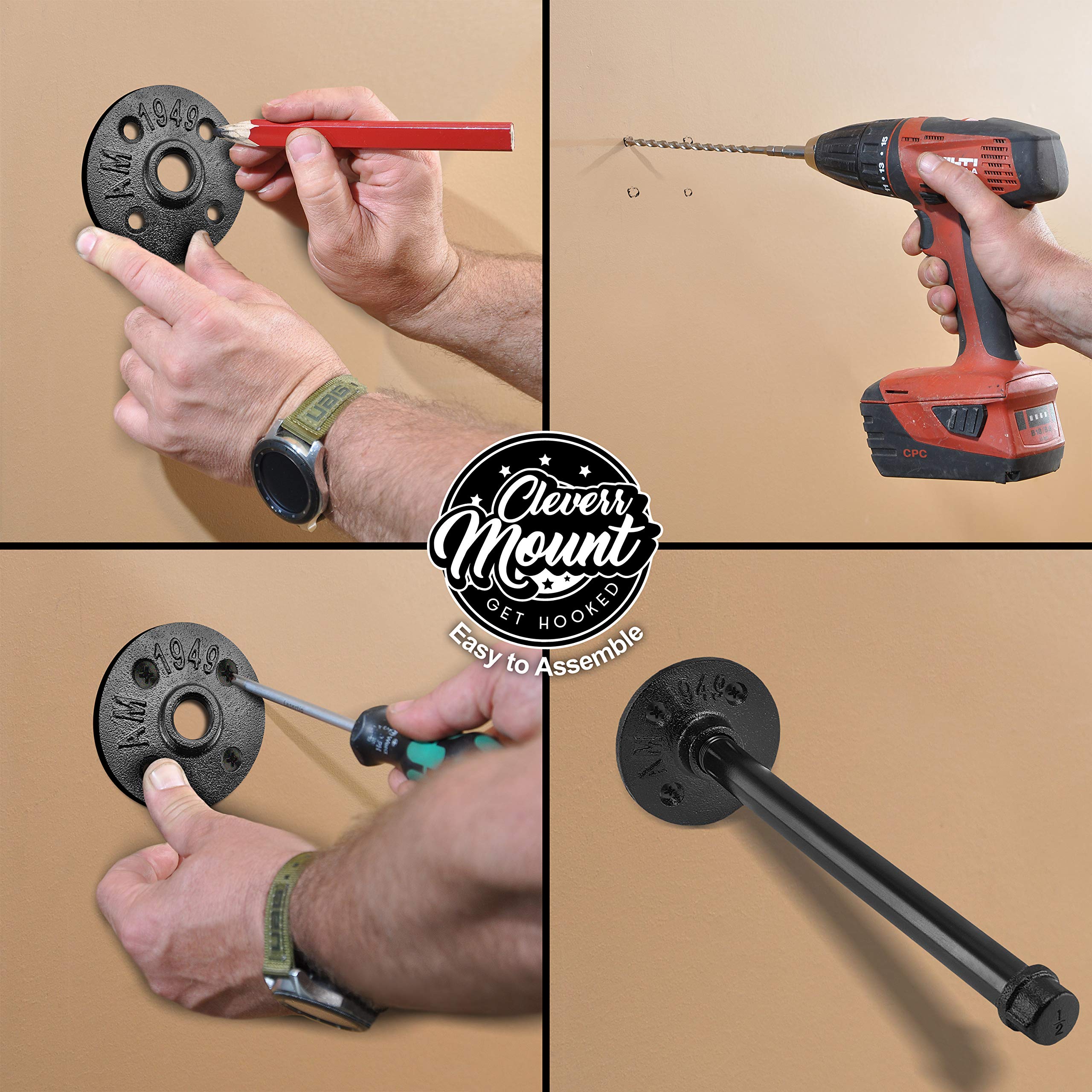 Set of 6 Black Iron Pipe Floating Shelf Bracket 8 Inch (Bonus 2 Hooks