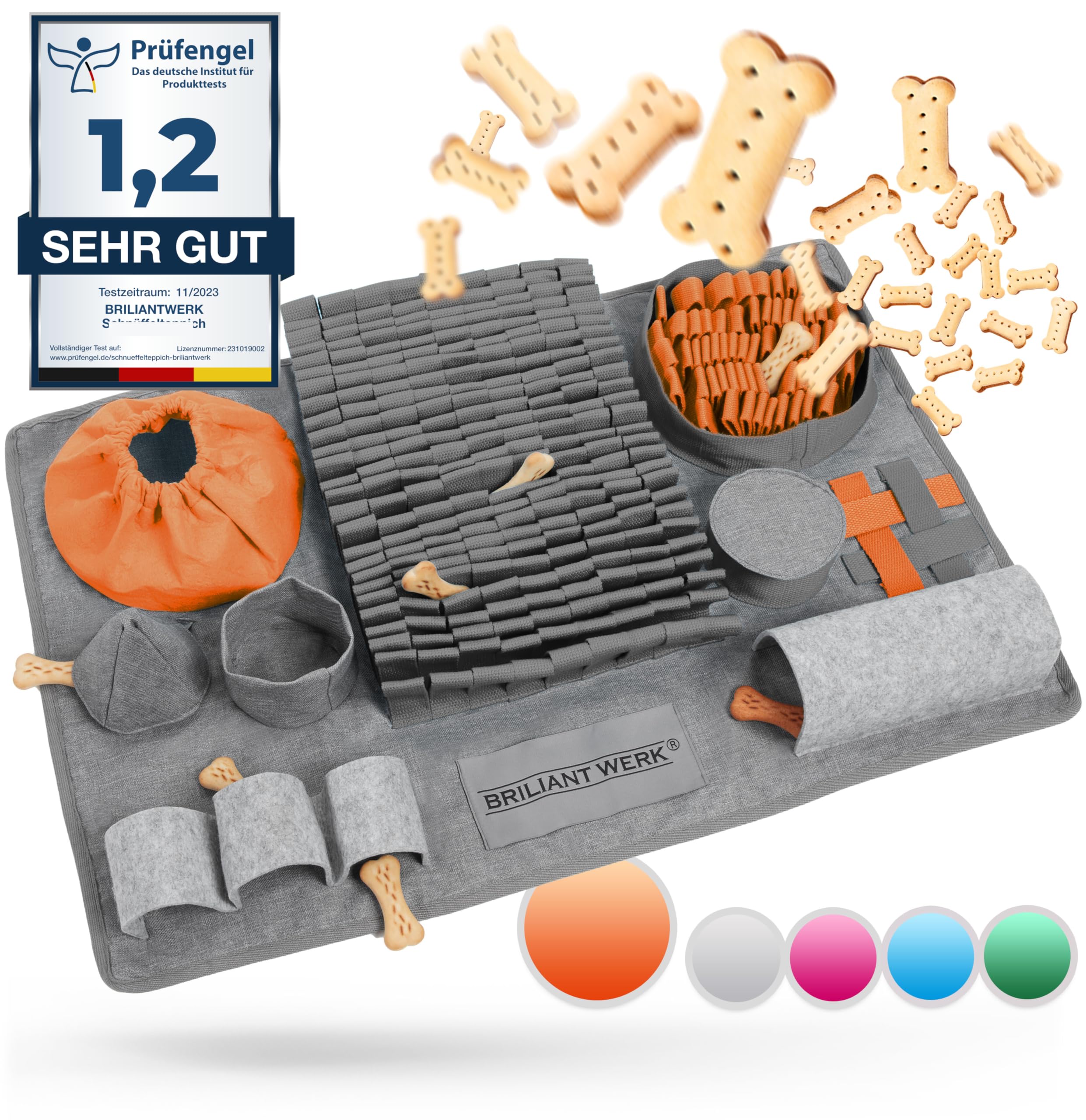 Briliantwerk® Schnüffelteppich Hund – Extrem widerstandsfähiges Material - 10 Trainingselemente und 3 Schwierigkeitsstufen – Das Intelligenzspielzeug für Hunde jeder Größe (Orange)