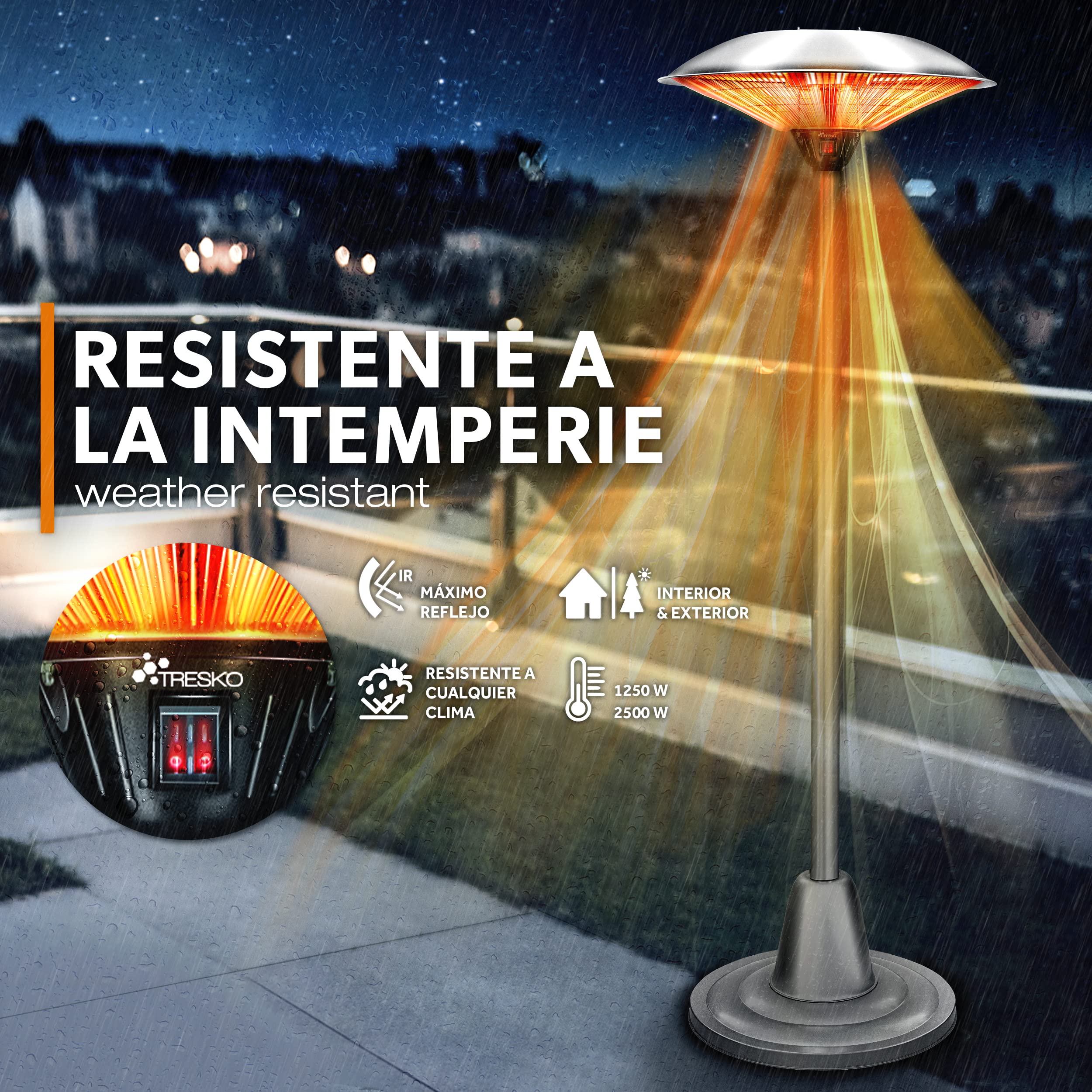 TRESKO Calefactor por Infrarrojos | 2500W con 2 Temperaturas | Estufa Radiante | Radiador Eléctrico para Exterior e Interior | Calentador de Cuarzo con Pantalla LED