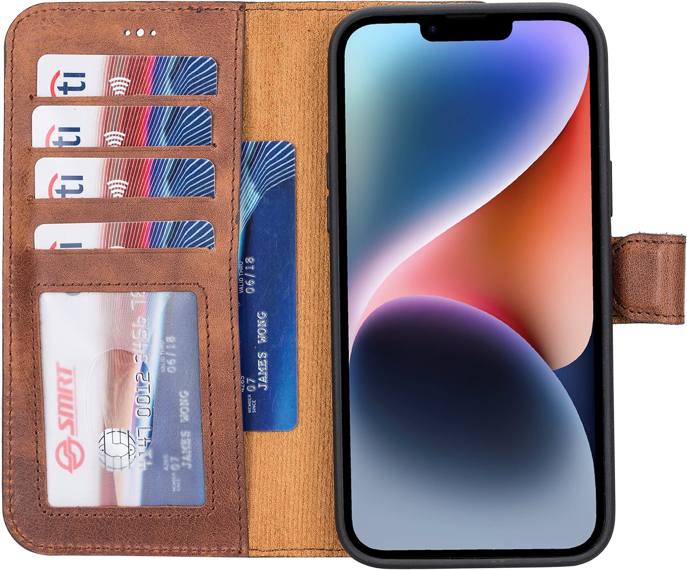 HARDISTON Genuine Premium Leather Handmade Wallet Case for iPhone 14 Plus - MagSafe Compatible - Detachable Magnetic Flip Cover with Card Holders - Horizontal Kickstand (Brown)