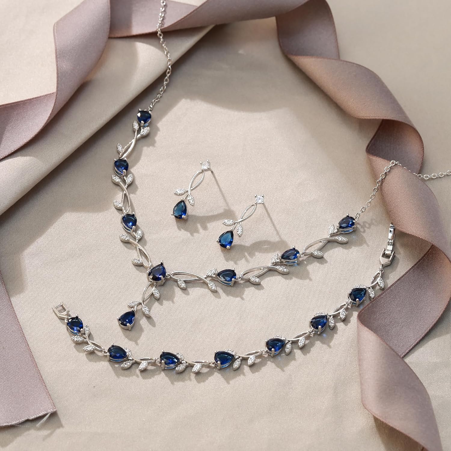 EVER FAITH Bridal Cubic Zirconia Jewelry Sets for Women, White Simulated Pearl Leaf Vine Pendant Wedding Party Necklace Earrings Set for Bridesmaid Bride - Image 4