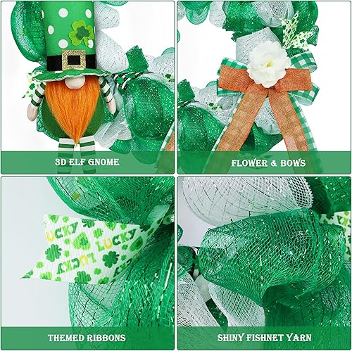 Miniatura 6 de Corona del día de San Patricio, corona de gnomos de 18 pulgadas, corona de primaveradía de San Patricio con lazos y flores para puerta delantera,