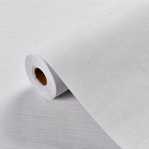 Miniatura 7 de Haimin Papel tapiz texturizado de tela de 24 x 393 pulgadas, papel de contacto de tela, papel de pared blanco, papel de pared de lino autoadhesivo