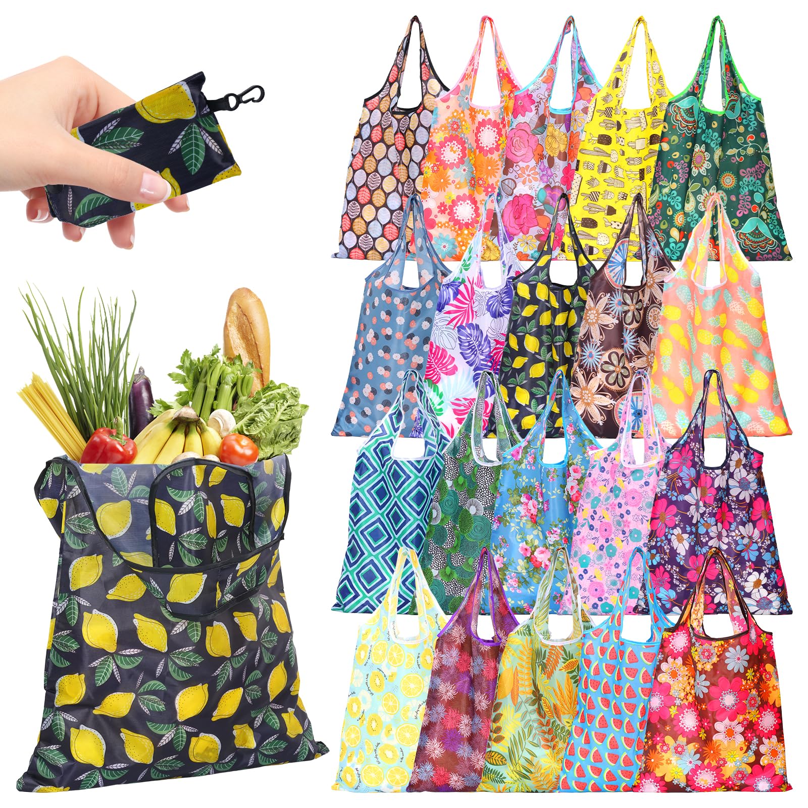 RHAIQBVC 20 Pack Reusable Grocery Bag Foldable Shopping Bag Bulk to Carry 22lbs of Heavy Objects Machine Washable Yoga Present