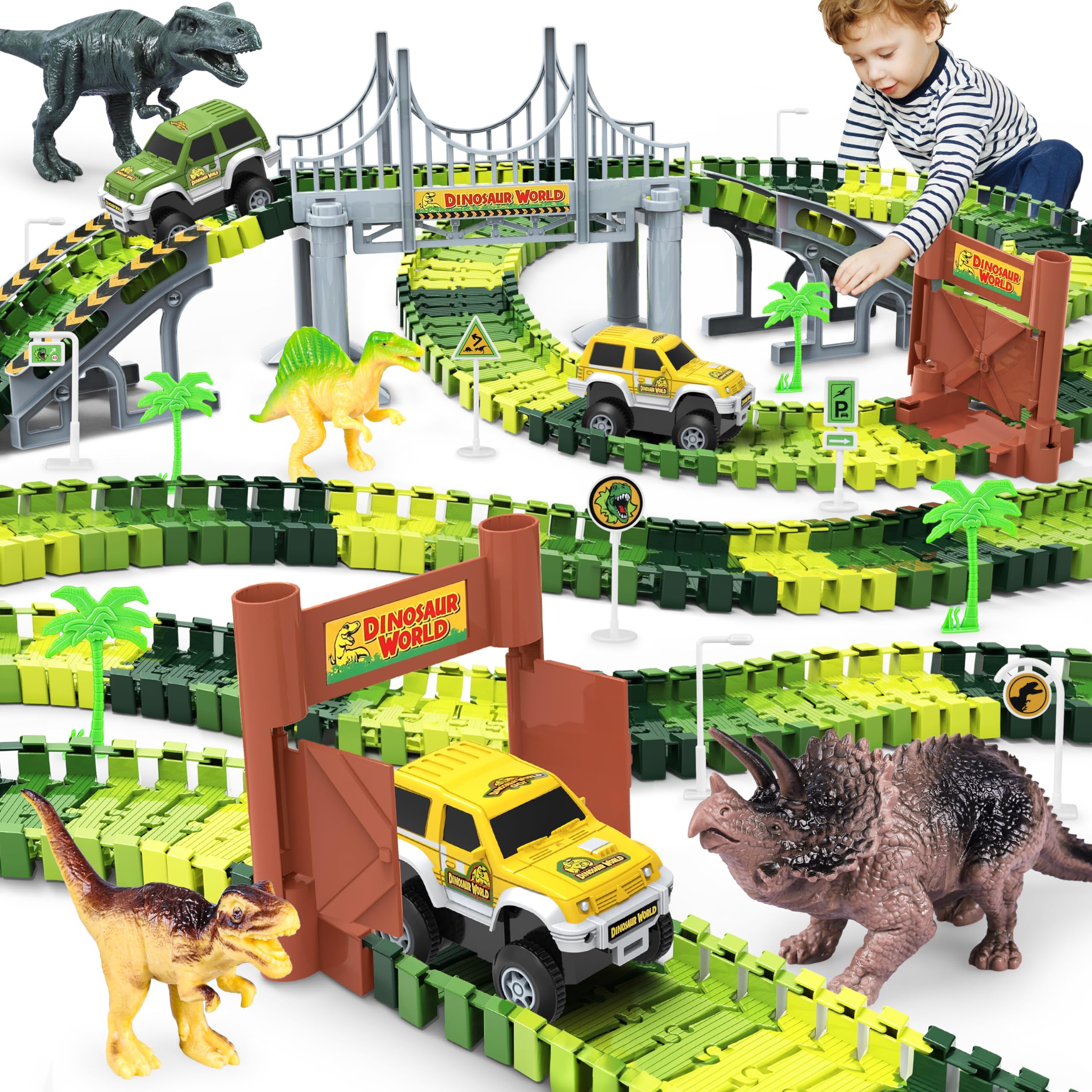 Dinosaur Toys-187 Pcs Create A Dinosaur World Road Race-Flexible Track Playset & 2 Pcs Cool Dinosaur Car for 3 4 5 6 Year & Up Old Boy Girls Best Gift
