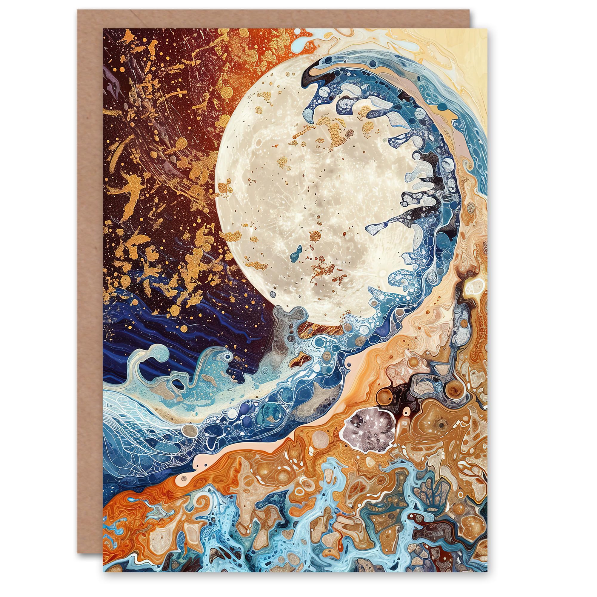 Artery8 Greeting Card Full Moon Great Ocean Wave Modern Art Gold Blank For Him Or Her Art Birthday Card