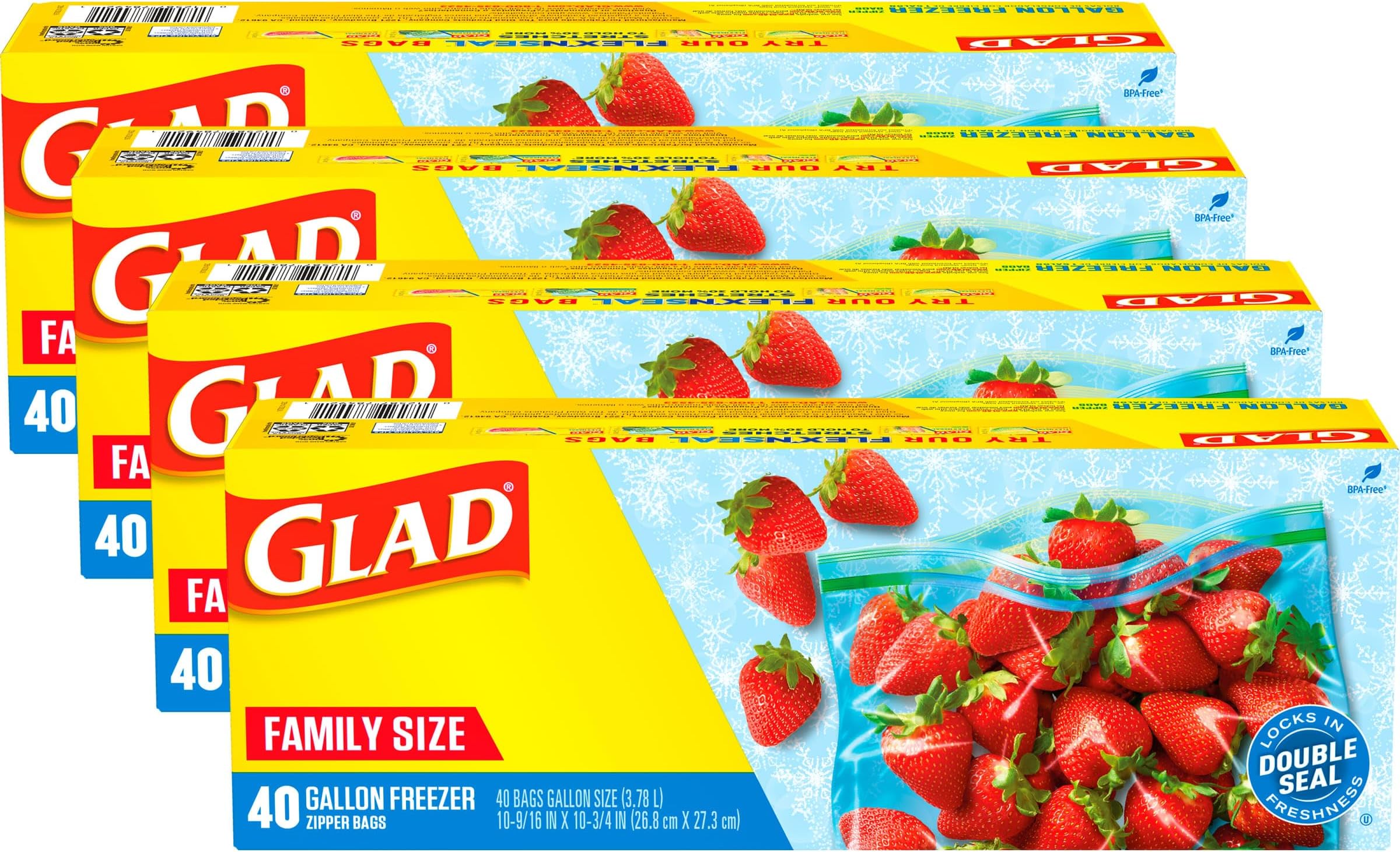 Glad Zipper Freezer Storage Plastic Bags, Gallon, set of 4 x 40 bags -Package May Vary