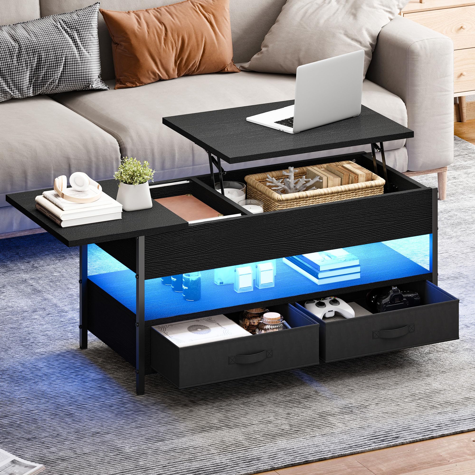 DWVO Couchtisch Höhenverstellbar mit 2 Schublade und Offener Lagerraum, LED Couchtisch mit Verstecktem Ablagefach, Wohnzimmertisch 106 x50x51,5cm