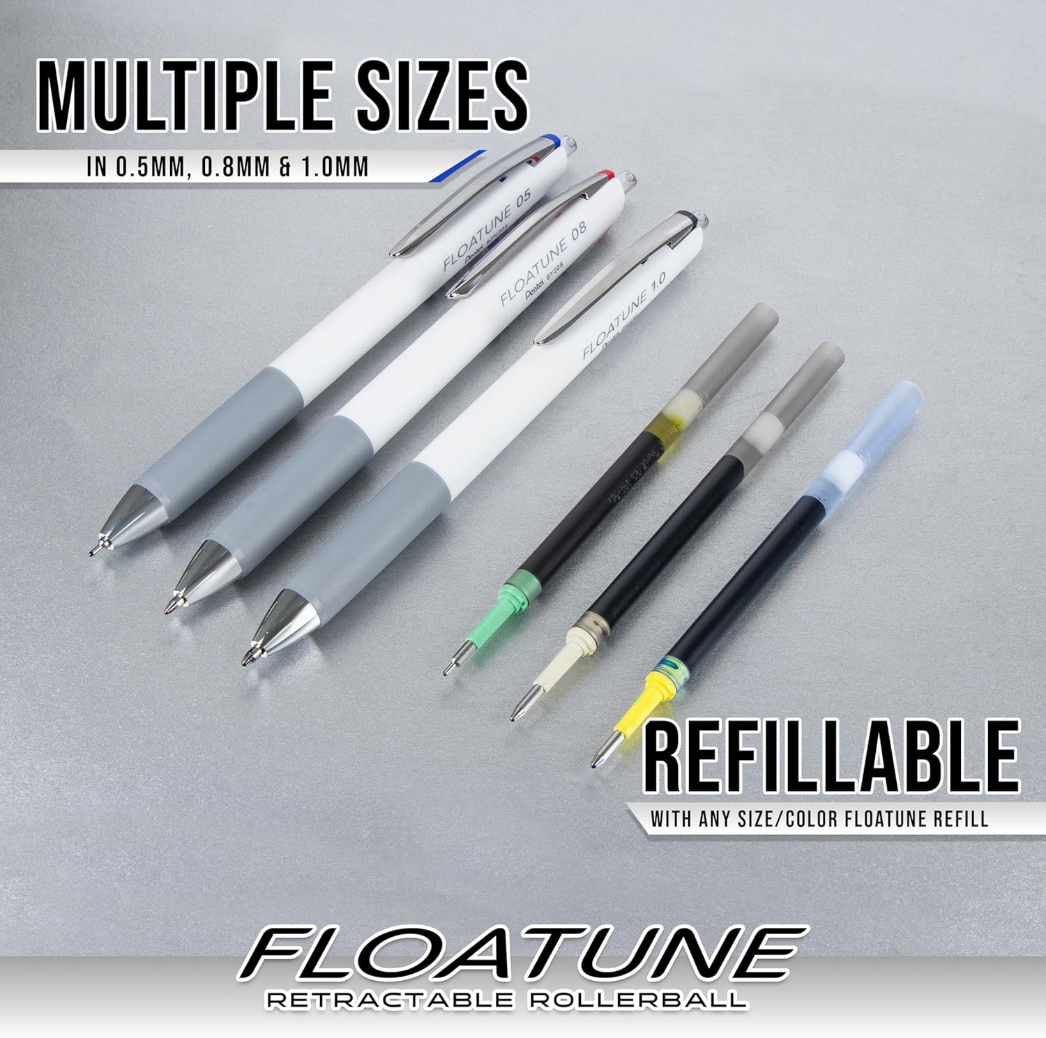 Pentel Floatune Retractable Rollerball, 0.8mm Medium Point, Black Ink, 5-pk (BY208PF5A)