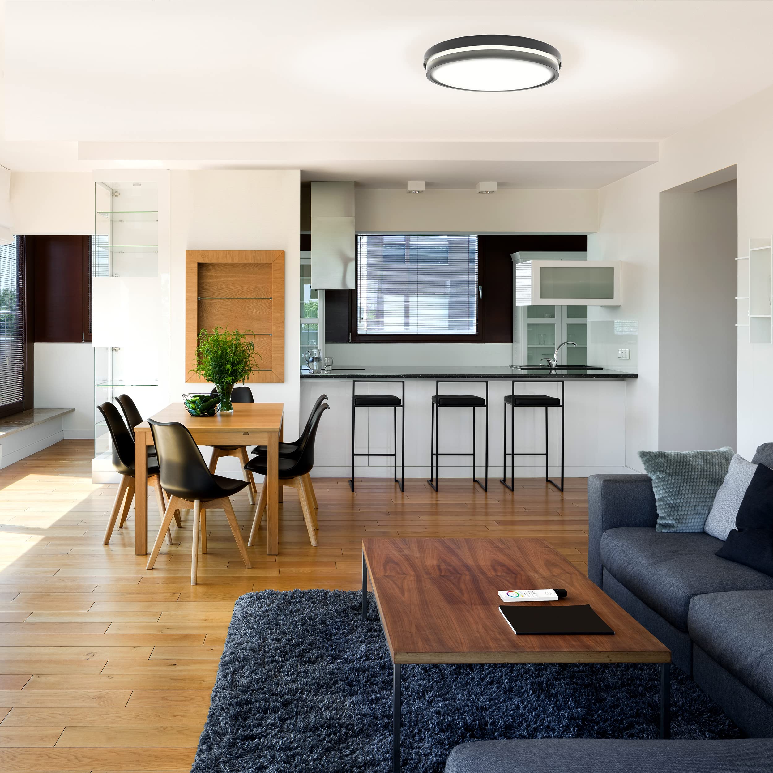 tint Smarte LED-Deckenleuchte KEA – Steuerbar per Alexa oder Fernbedienung – Dimmbare Beleuchtung mit weißem (1800-6500 K), farbigem RGB und indirektem Licht, 22 W – Ø 52 cm