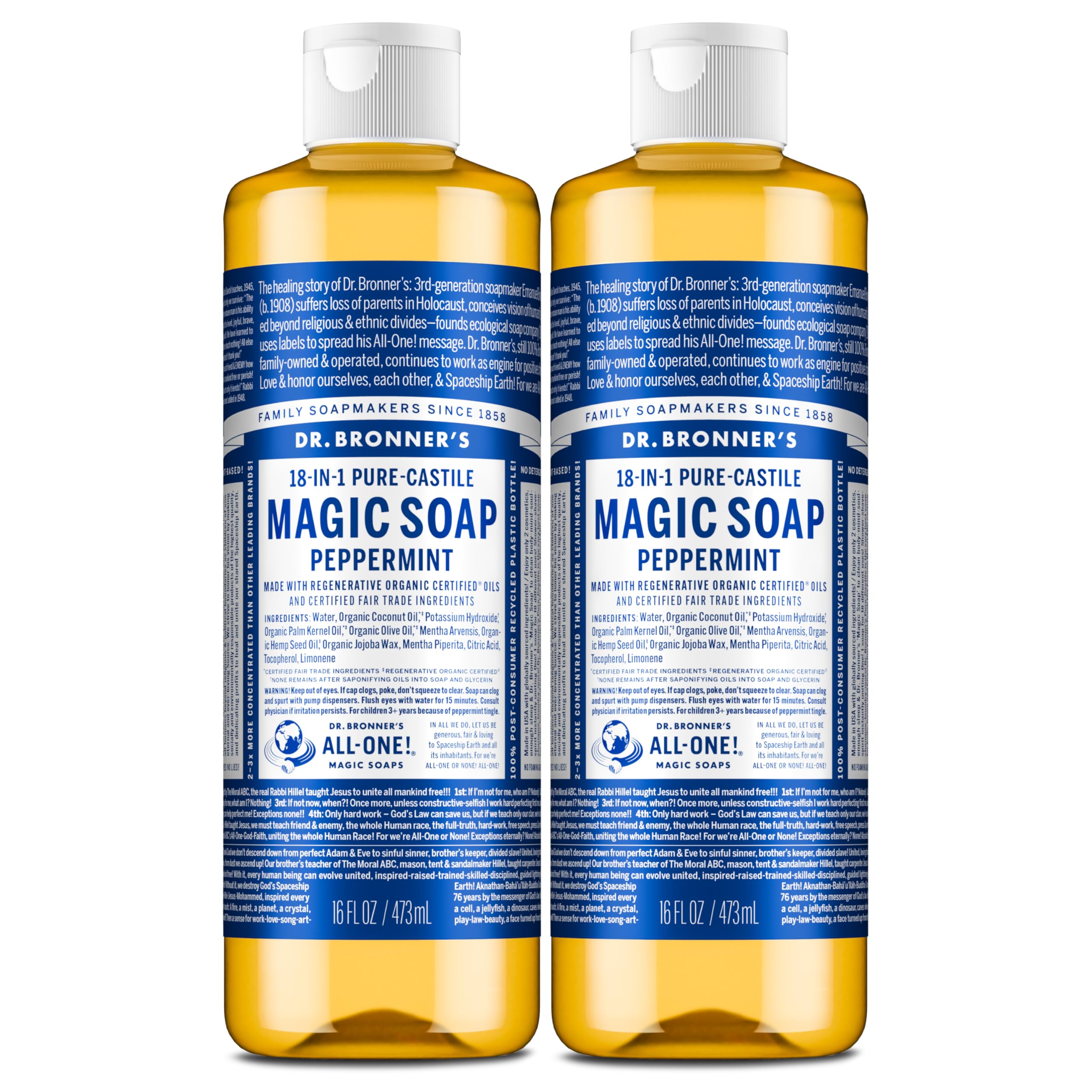 Dr. Bronner’s Pure-Castile Liquid Soap Shower and Travel Pack – Peppermint 16oz. (2 Pack)