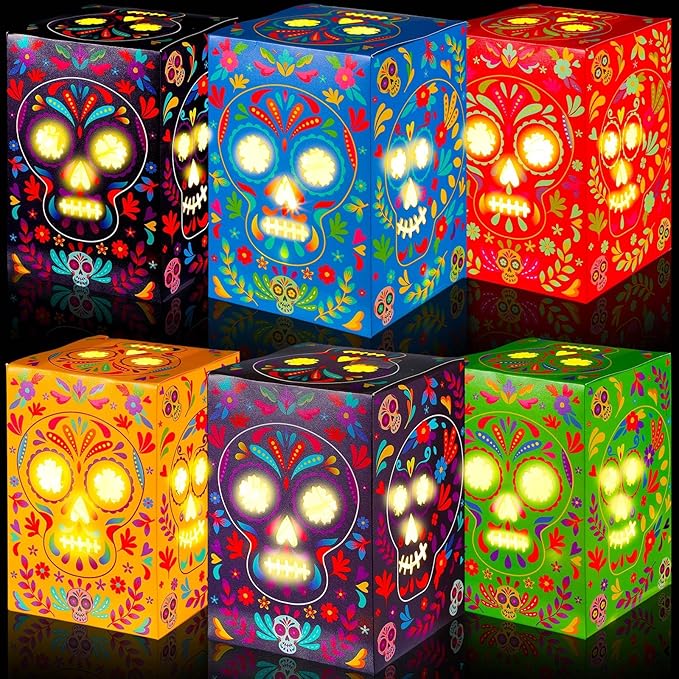 Tenceur 36 Pcs Day of The Dead Decorations Sugar Skull Candles Holders Boxes Dia De Los Muertos Altar Ofrenda Decorative Hollowed Paper Boxes Luminary Bags for Halloween Party Decor Supplies