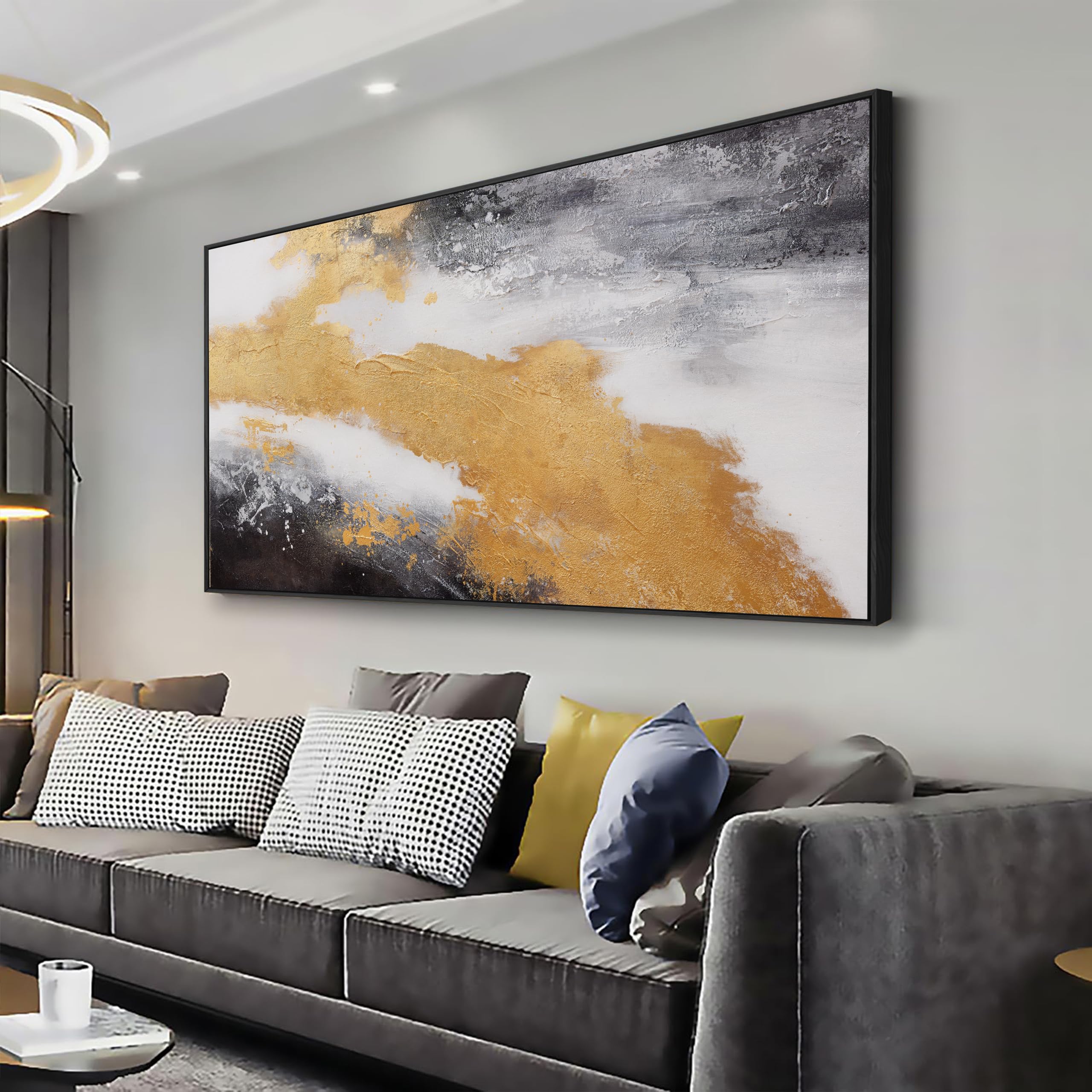 Abstract Wall Art Framed Artwork Glod and White Blck Wall Decor Prints Canvas Painting for Living Room Bedroom Office Decoration 24"x48"