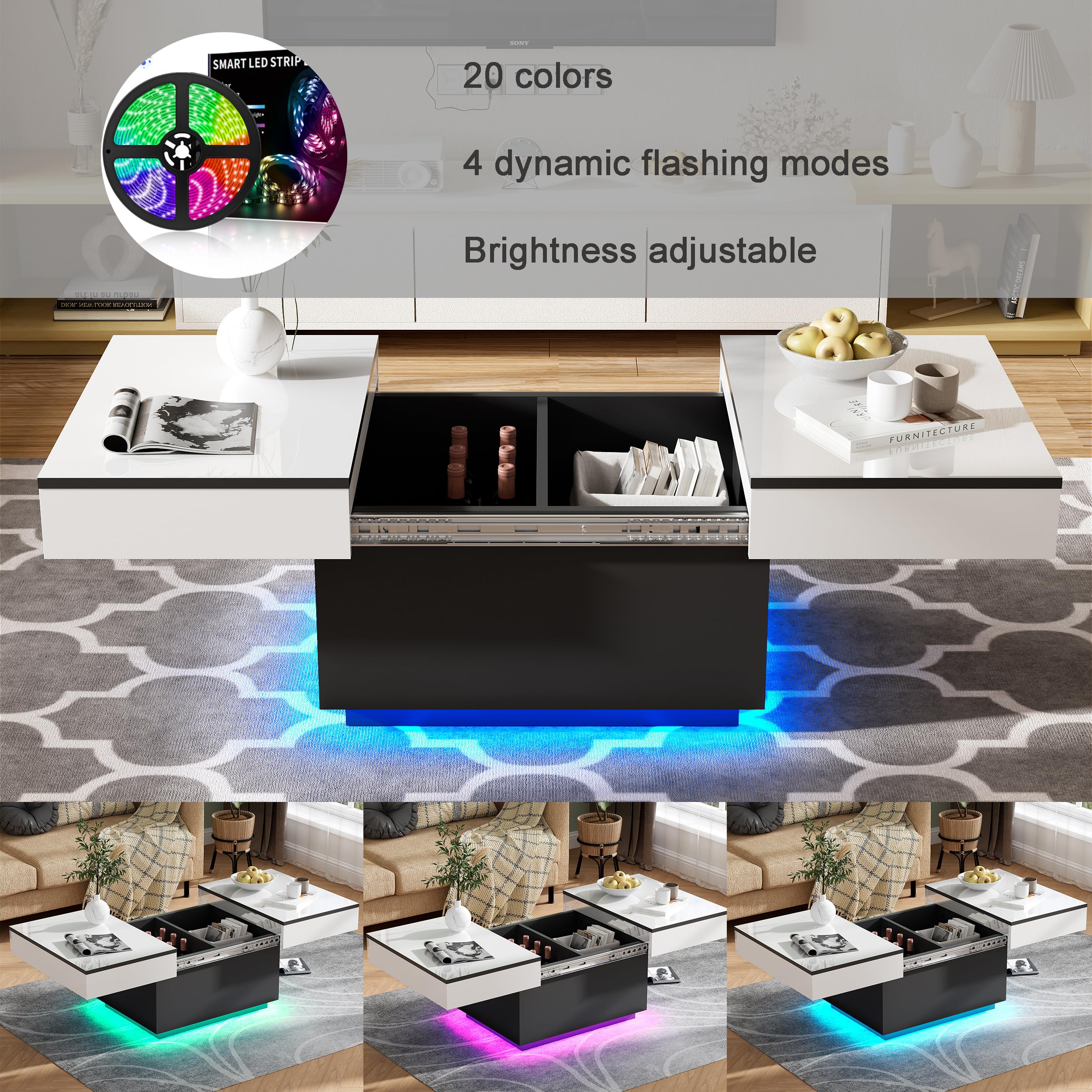 MSFE Table Basse LED Coulissante pour Salon avec 20 Couleurs de Lumières, 2 Espaces de Rangement, Finition Haute Brillance, 80 * 58 * 40 cm