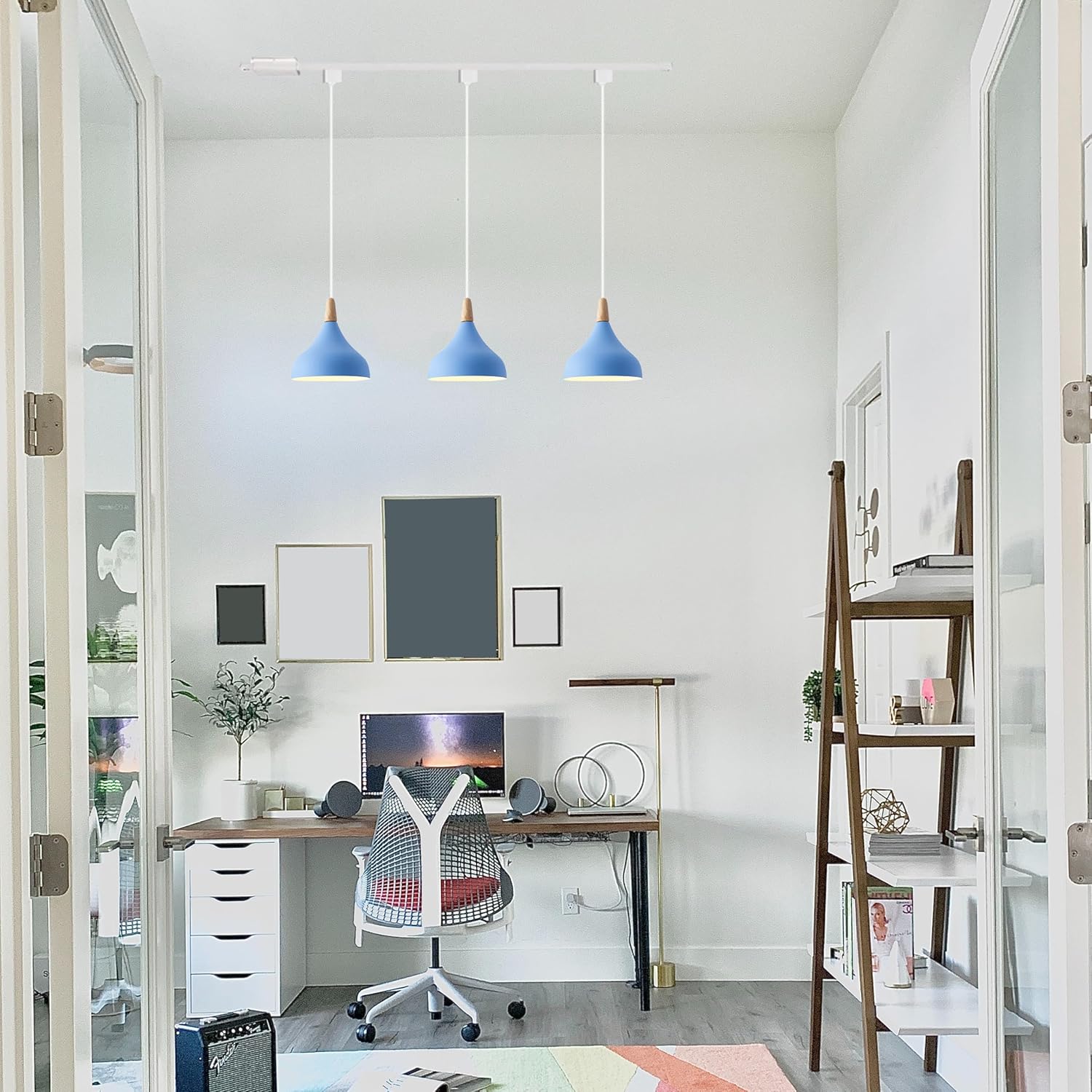 Kiven 1-Light J-Type Track Lighting Pendants,Minimalist Modern J Track Pendant Lights,Decorative Track Lighting Fixture for Kitchen Island Hallway Restaurant,Blue