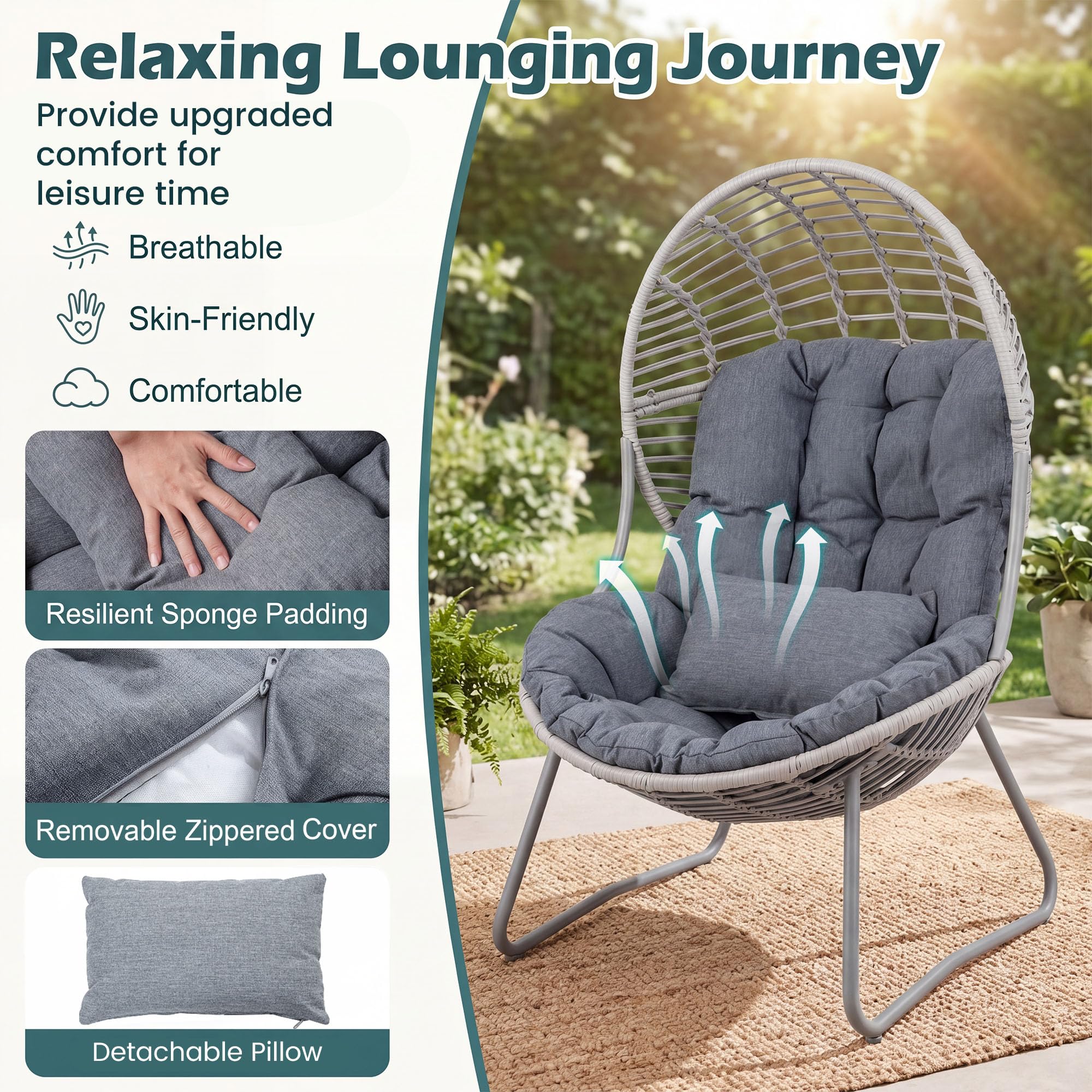 GIANTEX Poltrona da Giardino in PE Rattan, Sedia a Uovo Imbottita