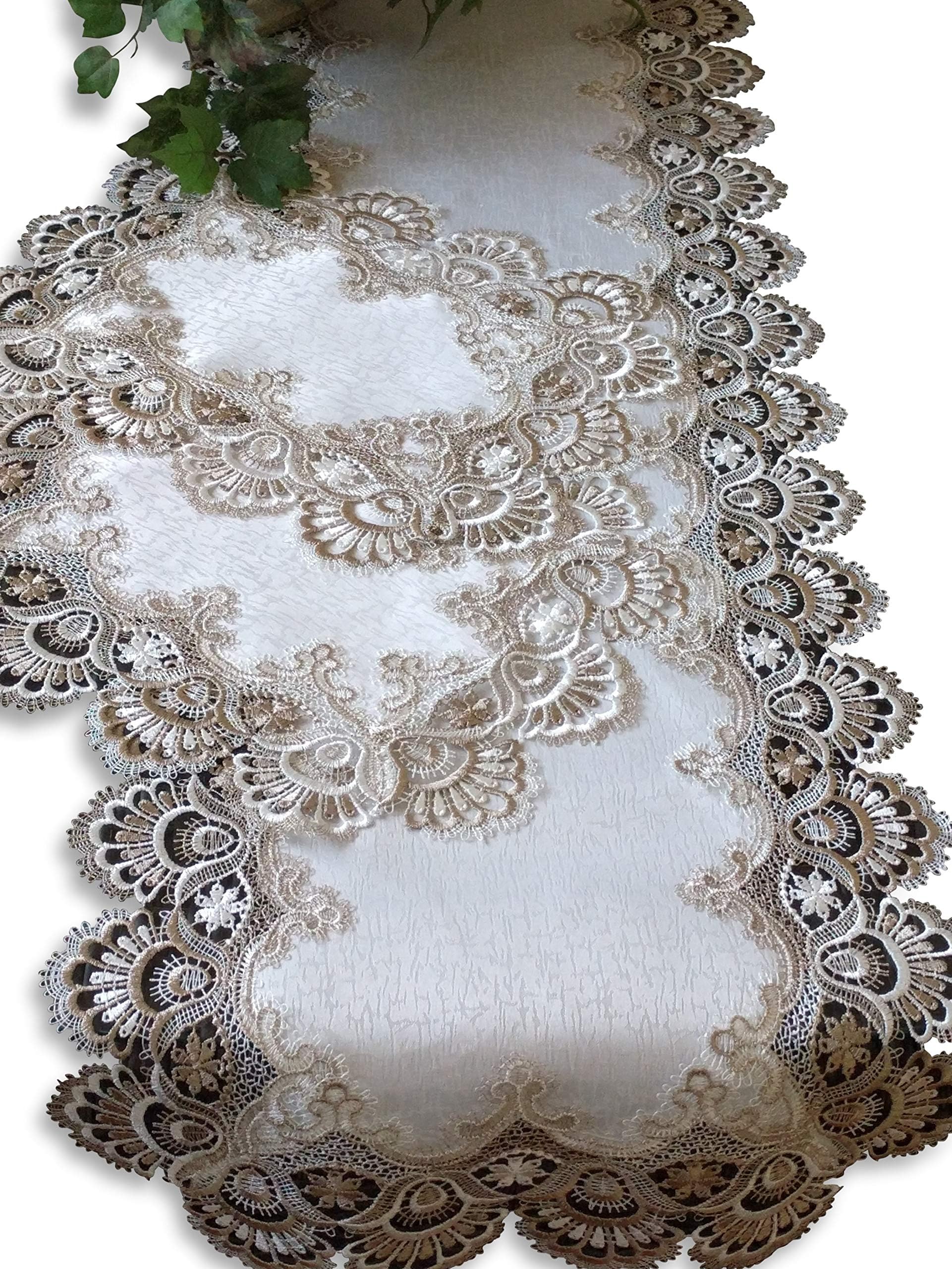 Galleria di GiovanniTable Runner Dresser Scarf Taupe Lace Antique White 70 Inch Plus 2 Doilies 3 Piece Set Earth