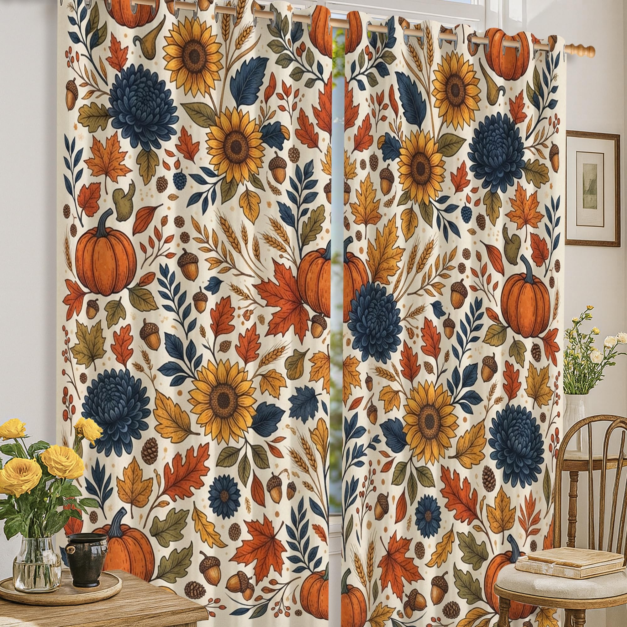 Rideaux occultants citrouilles orange automne 132x160 pour deco fenetre bureau