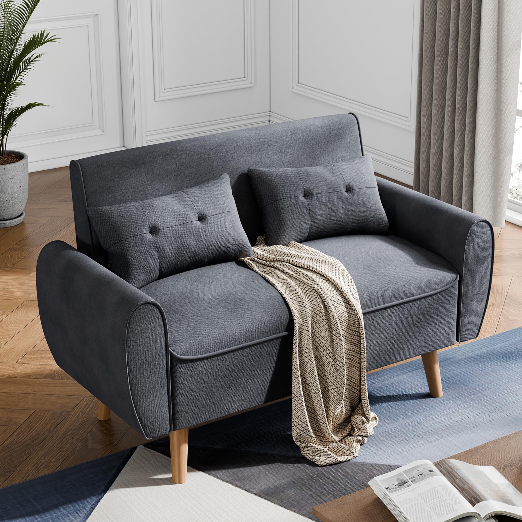 JAMFLY 47'' Small Loveseat Sofa Set for Living Room, Bedroom, Office, Small Spaces, Love Seat Couches Linen Fabric Modern Sofa with 2 Pillows and Wood Legs (Dark Gray)