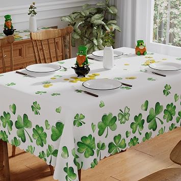 St Patricks Day Tablecloth Rectangle 60x84 Inch Lucky Home Party Decor | Watercolor Green Shamrock Washable Scalloped Edge Waterproof Table Cover Seasonal Spring Vintage Dinner Table Decorations