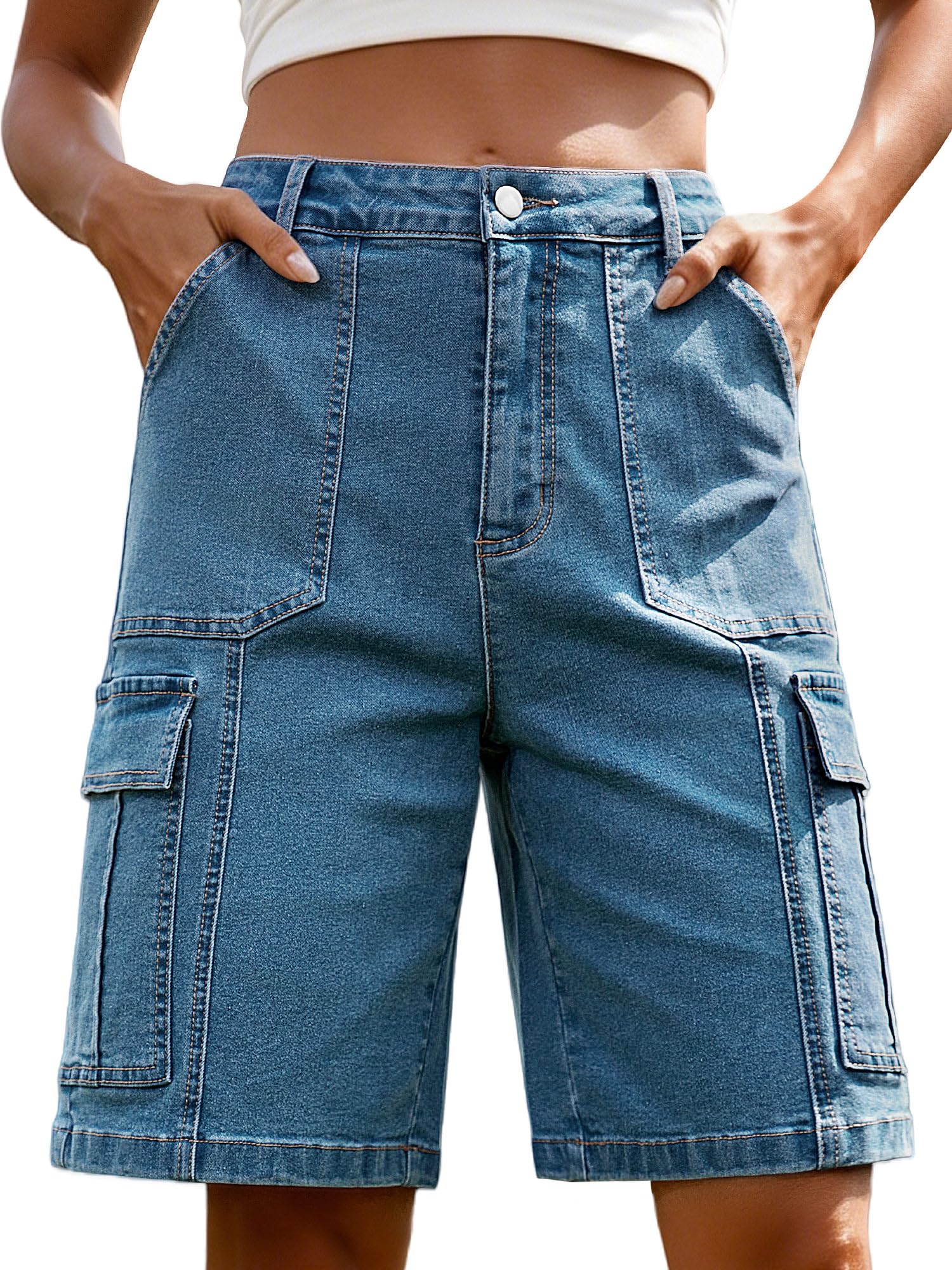 StylSense Kurze Hose Damen Sommer Bermuda Cargo Jeans Shorts Baumwolle Hohe Taille mit Elastischem Bund und 6 Taschen