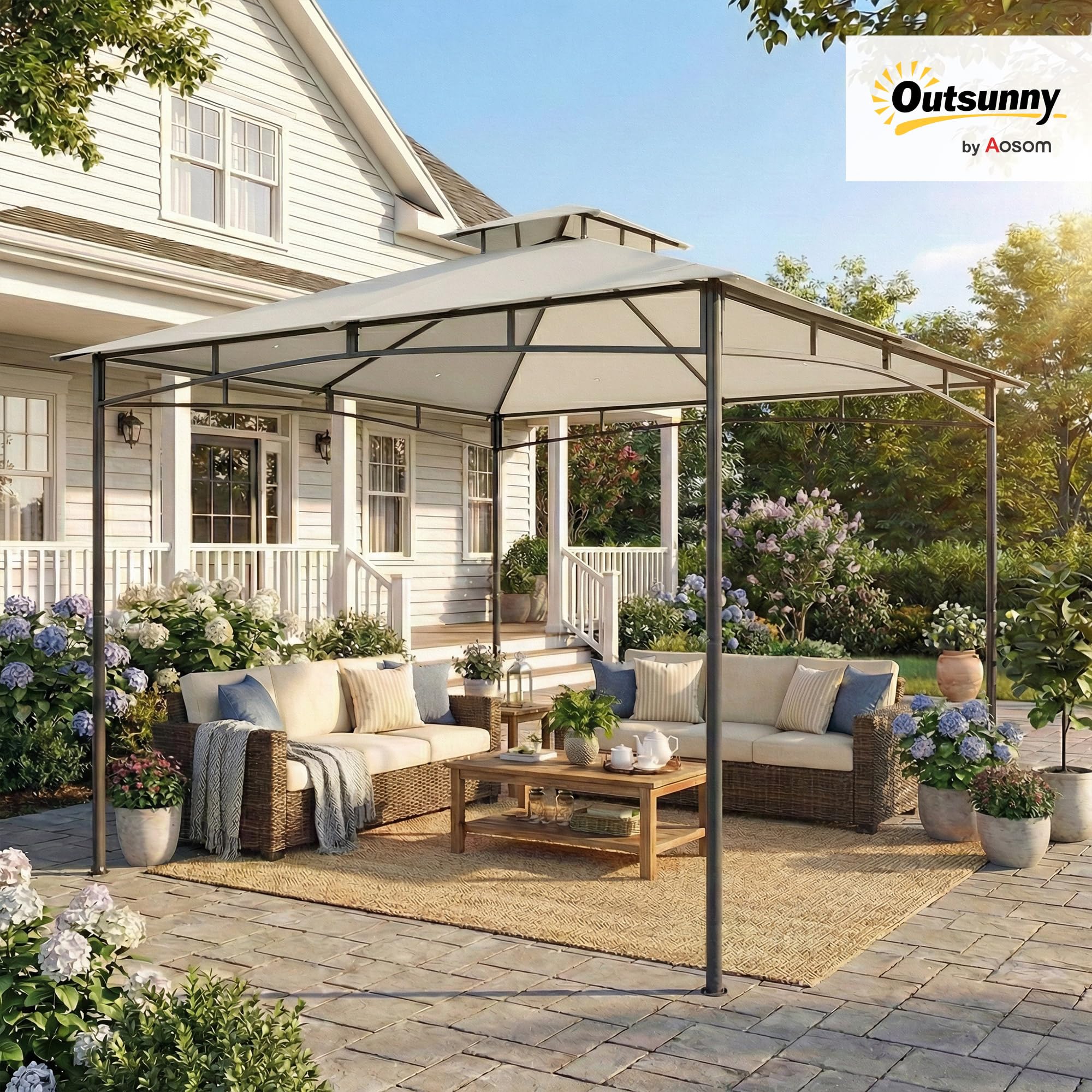 Outsunny Pawilon ogrodowy, 3 x 3 m, odporny na działanie wody, stabilny, odporny na działanie warunków zimowych, z wysuwaną ramą górną, podwójnym dachem, UV 50+, namiot imprezowy, namiot ogrodowy, na