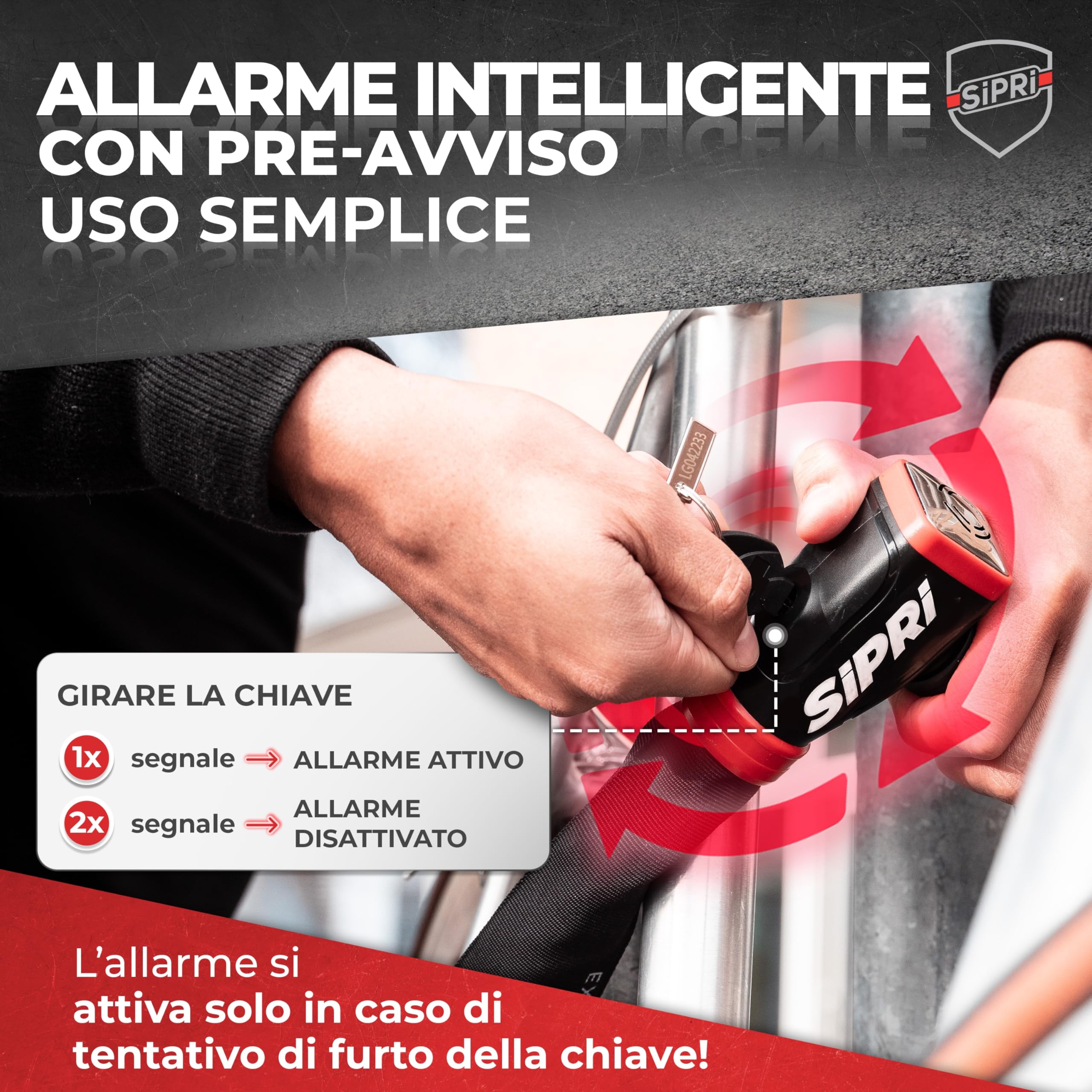 SIPRI Lucchetto per bicicletta con allarme, 120 dB, serratura a catena per bicicletta elettrica, scooter elettrico e moto, in acciaio da 8 mm, resistente alle intemperie, robusto e durevole, con
