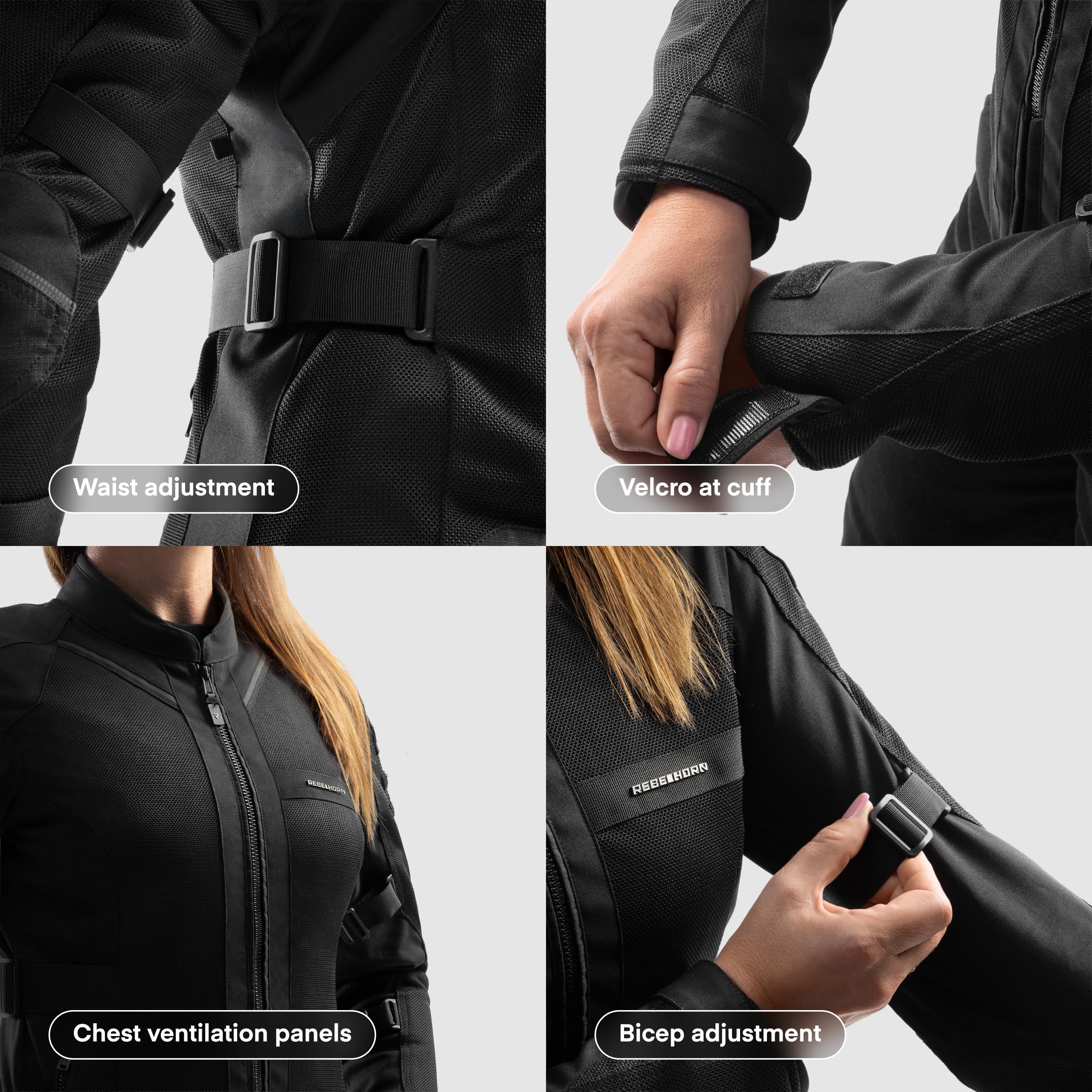 REBELHORN Scandal 3 Women Motorradjacke Damen | Textil | Ellbogen und Schulterprotektoren Stufe 2 | Tasche für Rückenprotektor | Große Mesh Belüftungspaneele | Schutzstufe AA | Größen bis 7XL