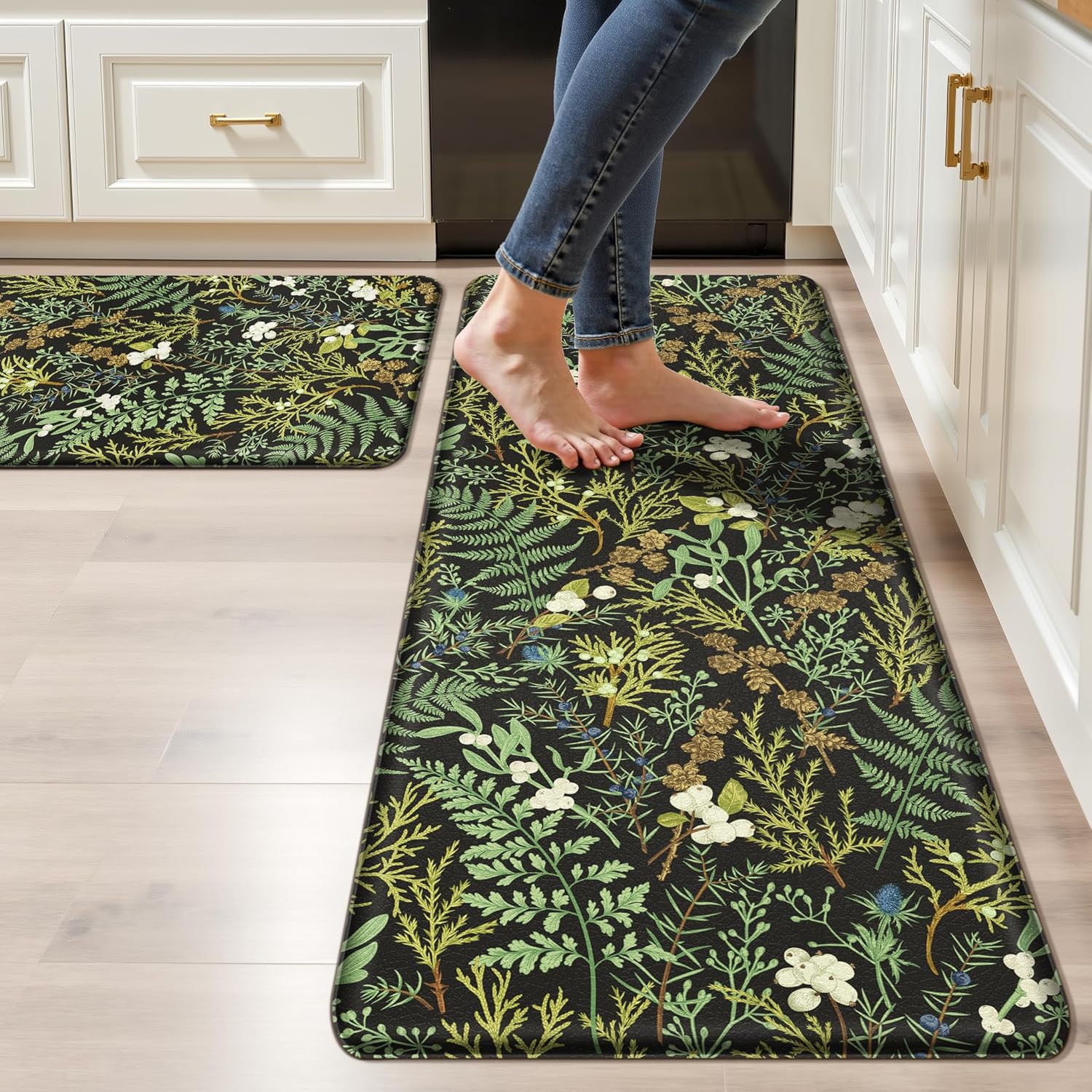 Black Green Botanical Kitchen Rugs Set of 2 Plant Leaf Anti-Fatigue Kitchen Mat Natural Comfort Standing Waterproof PVC Mats 2/5" Thick Leather Carpet for Laundry Office Sink(17.3" x28" + 17.3" x 47") Ink Moss Green 17.3 x 28 inch + 17.3 x 47 inch