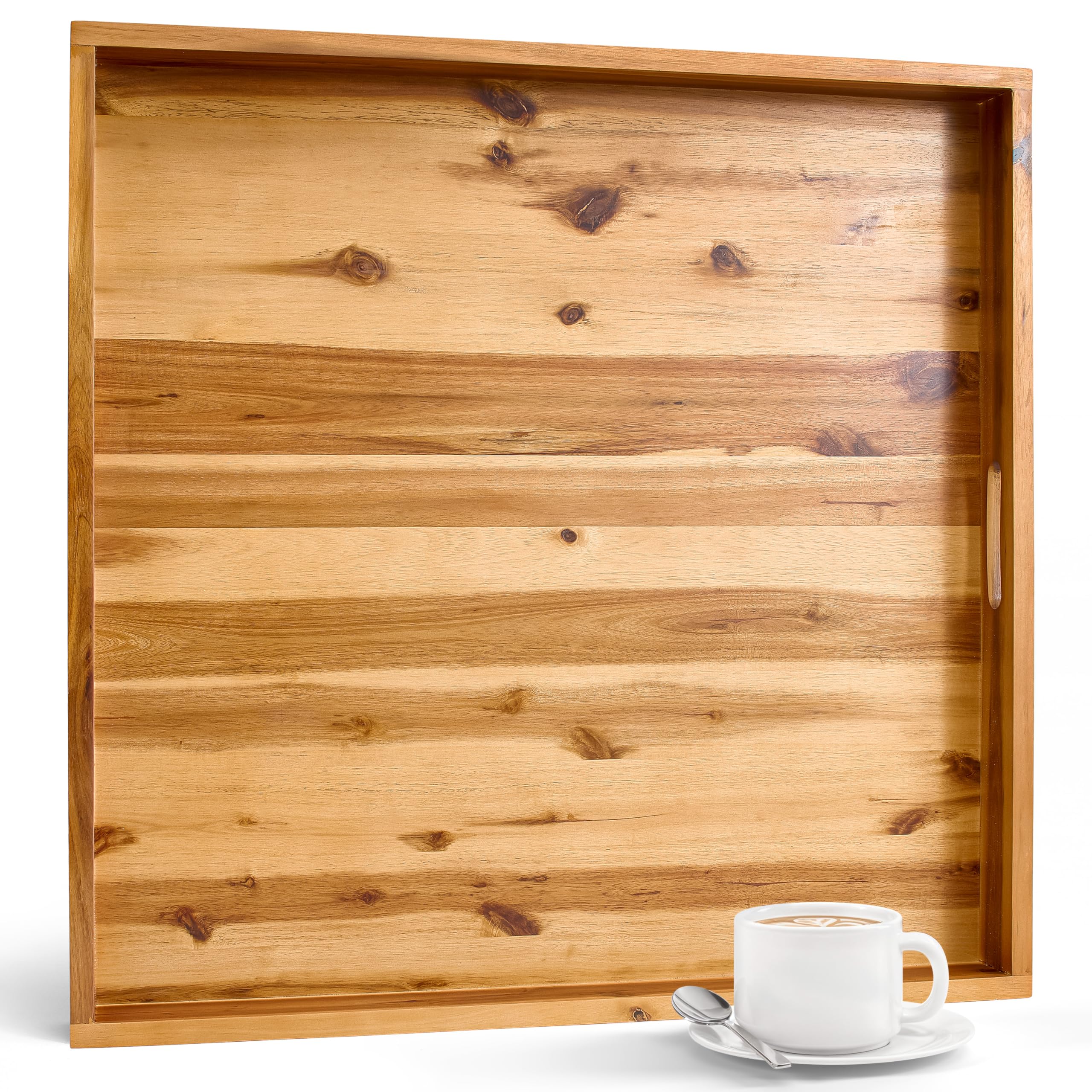 24 Inch Acacia Wood Ottoman Tray - Wooden Square Serving Tray with Handles - Extra Large Food Serving Trays for Decorative, Coffee Table, Breakfast in Bed - Charcuterie Trays Use for Kitchen