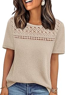 Womens Tops Dressy Casual Short Sleeve Shirts Boho Crochet Lace Waffle Knit Plus Size Fashion Clothing