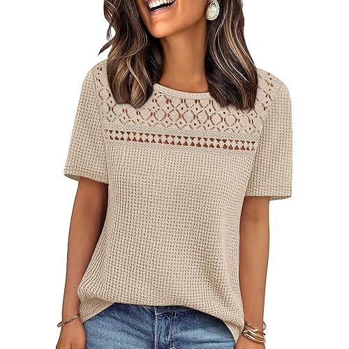 OFEEFAN Womens Tops Dressy Casual Short Sleeve Shirts Boho Crochet Lace Waffle Knit Plus Size Fashion Clothing
