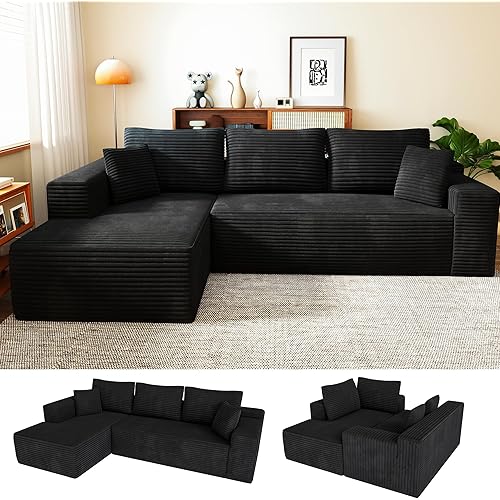104" Cloud Sectional Sofa with L-Shaped Chaise, Plush Corduroy Fabric,Modern Modular Couch,Upholstered Deep Seat for Living Room Bedroom,No Assembly Required, 3-Seater (Left Facing Chaise) Black