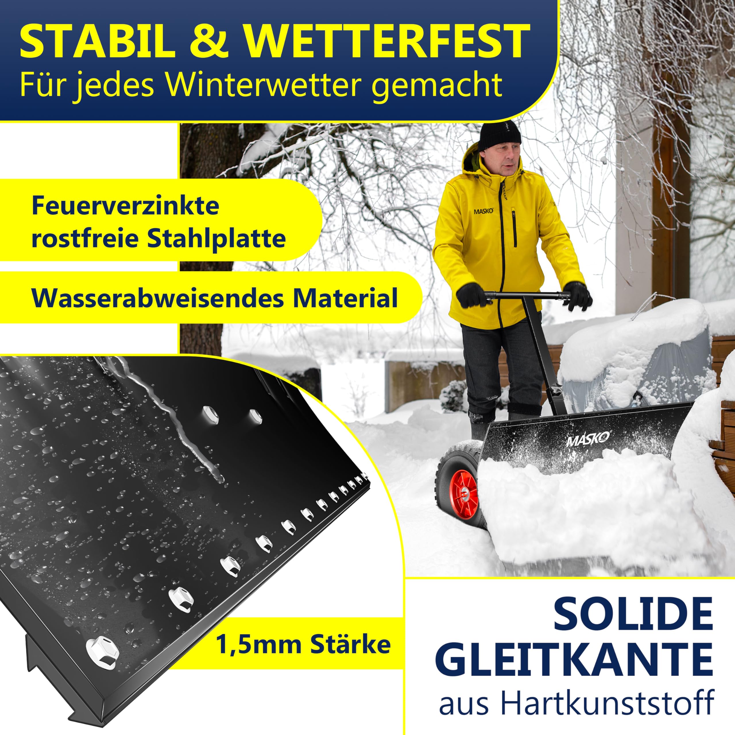 Masko Schneeschaufel auf Rädern höhenverstellbar - 5-Fach Schneeräumen, rückenschonender Schneeschieber, Schneeschild 75 cm Arbeitsbreite-Höhe 42, platzsparend zusammenklappbar, Schwarz
