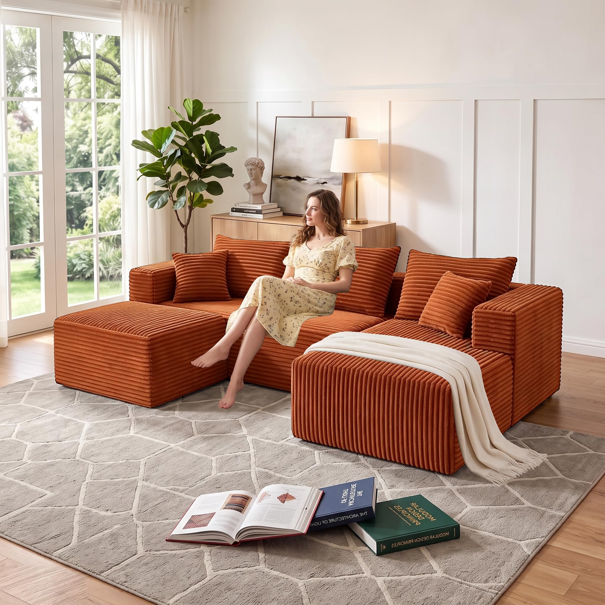 93" U-Shaped Boneless Couch, Corduroy Cloud Couch Sectional with Chaise and Ottoman, Deep Seat Modular Sectional Sofas for Living Room, No Assembly - Orange (Right Facing Chaise)