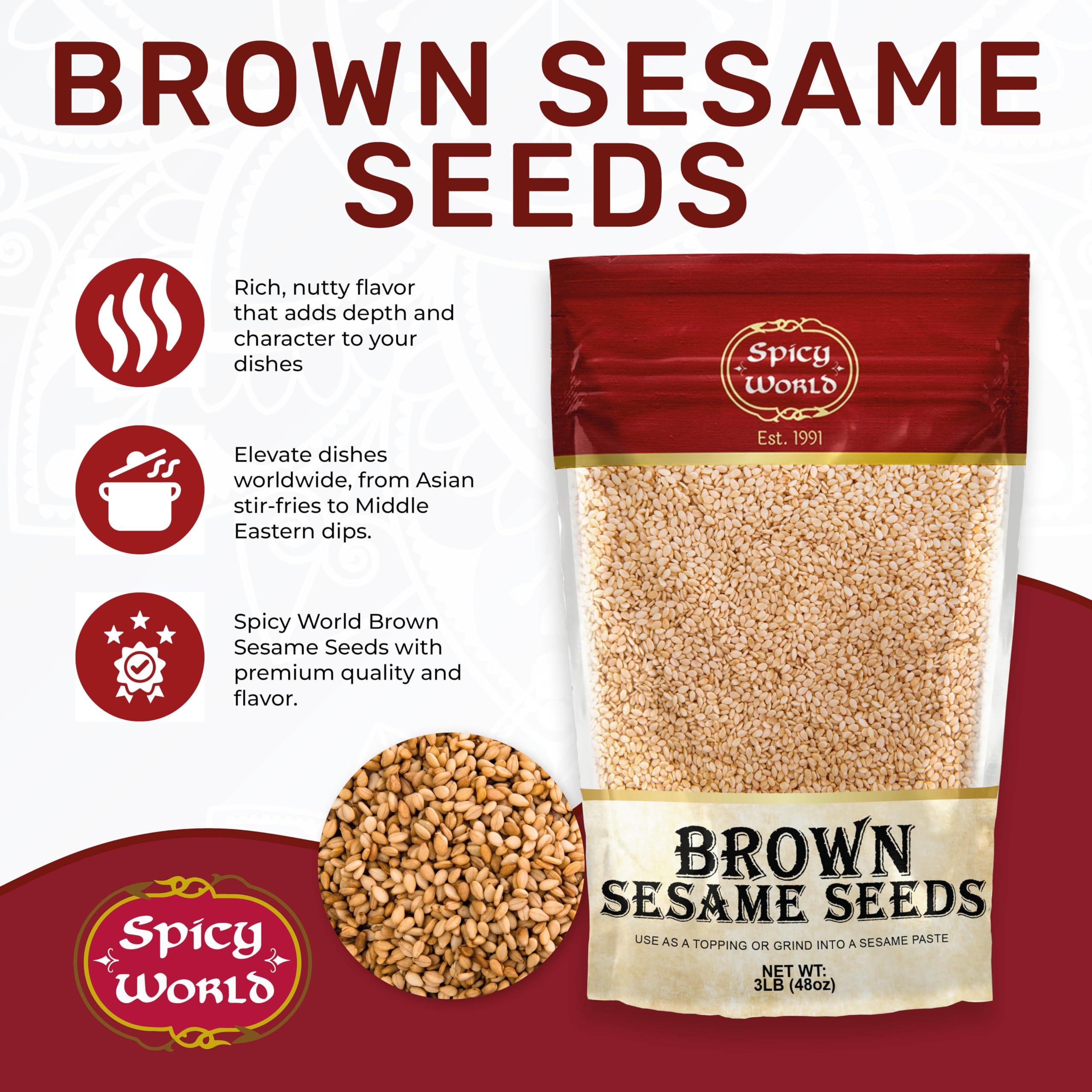 Spicy World Natural Brown Sesame Seeds 3 LB (48oz) - Non-GMO, Vegan, Raw, Unroasted, Unsalted, Plant-Based Protein, Source of Fiber & Iron, Ideal for Topping, Cooking & Baking