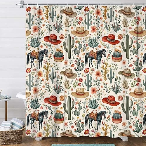 Miniatura 16 de DYNH Cortina de ducha vaquera del oeste, juego de cortina de ducha de estilo retro americano del país del salvaje oeste con vaquero montando