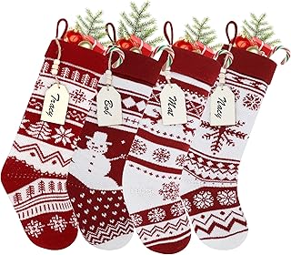 Sxmder 4 Pack Knitted Christmas Stockings, 18 Inches Large Cable Knitted Stocking Xmas Hanging Decorations Personalized Stockings with DIY Wood Name Tags for Family Christmas Holiday Party Decor
