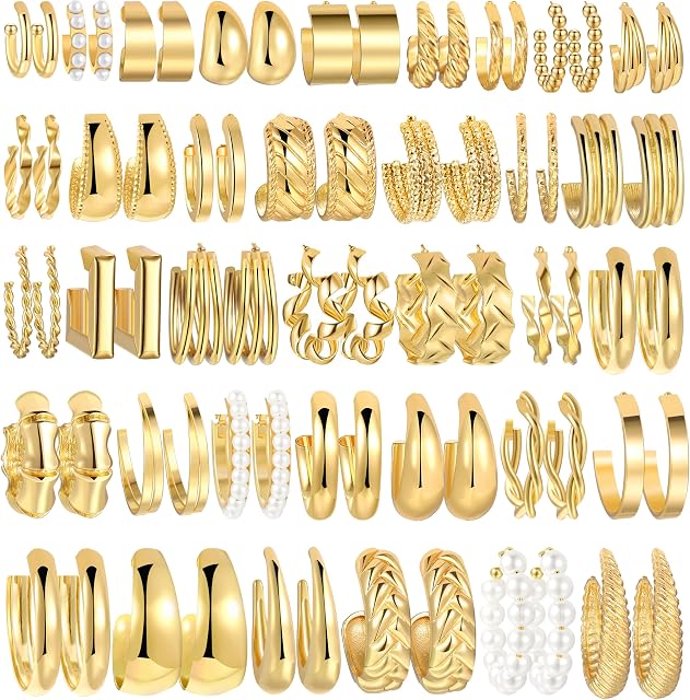 36 Pairs Boucles d'oreilles en boucle d'or Set pour les femmes filles, Mode Boucles D'oreille en boucles en gold hop multipack, Hypoallergénique Pearl Bande de boucles d'oreilles Twisted de la chaîne pour cadeau de bijoux de fête anniversaire