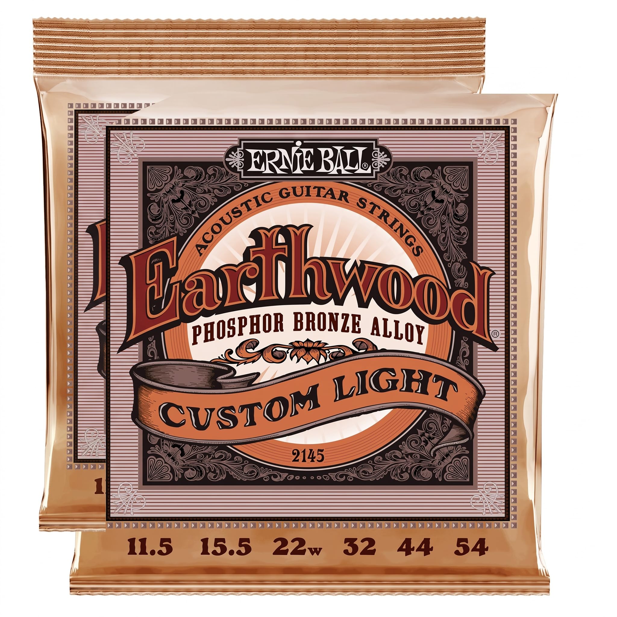 Ernie Ball Earthwood Custom Light Phosphor Bronze Acoustic Guitar Strings, 11.5-54 Gauge (P02145) (Pack of 2)