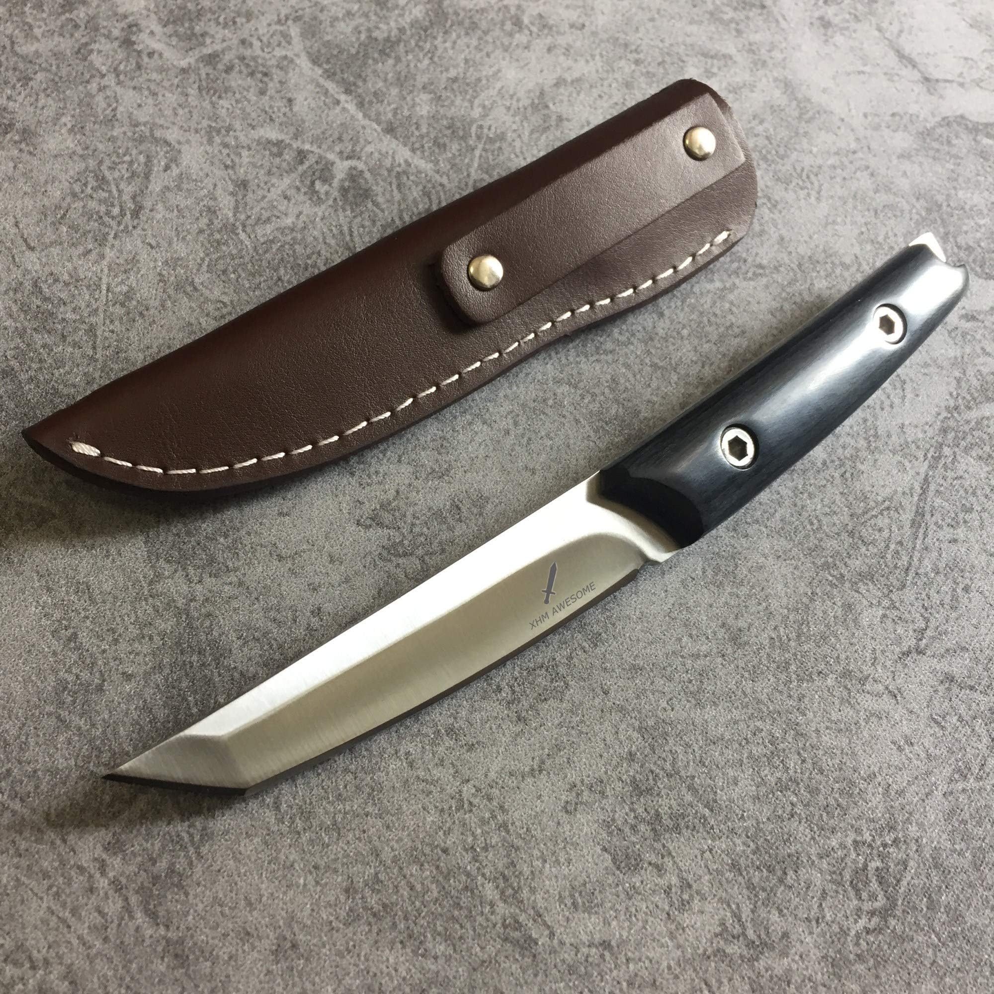 8.8-inch Fixed Blade Tanto Knife, 8Cr17Mov Steel Katana Blade, Wood Handle, Genuine Leather Sheath, for Outdoor Survival Camping Hunting