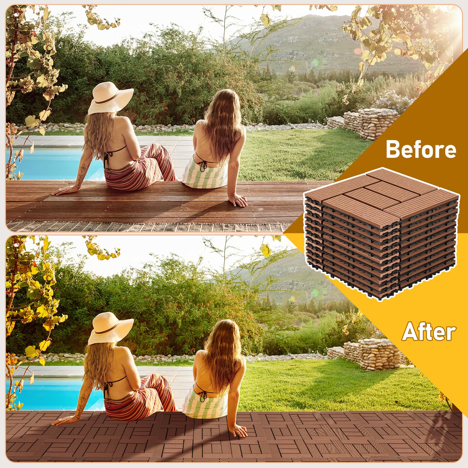 WPC Piastrelle per terrazza, 30x30cm 33 pezzi / 3m² Piastrelle per balcone a incastro con sistema di clic, impermeabili e antiscivolo, Adatti per balcone e giardino, Marrone