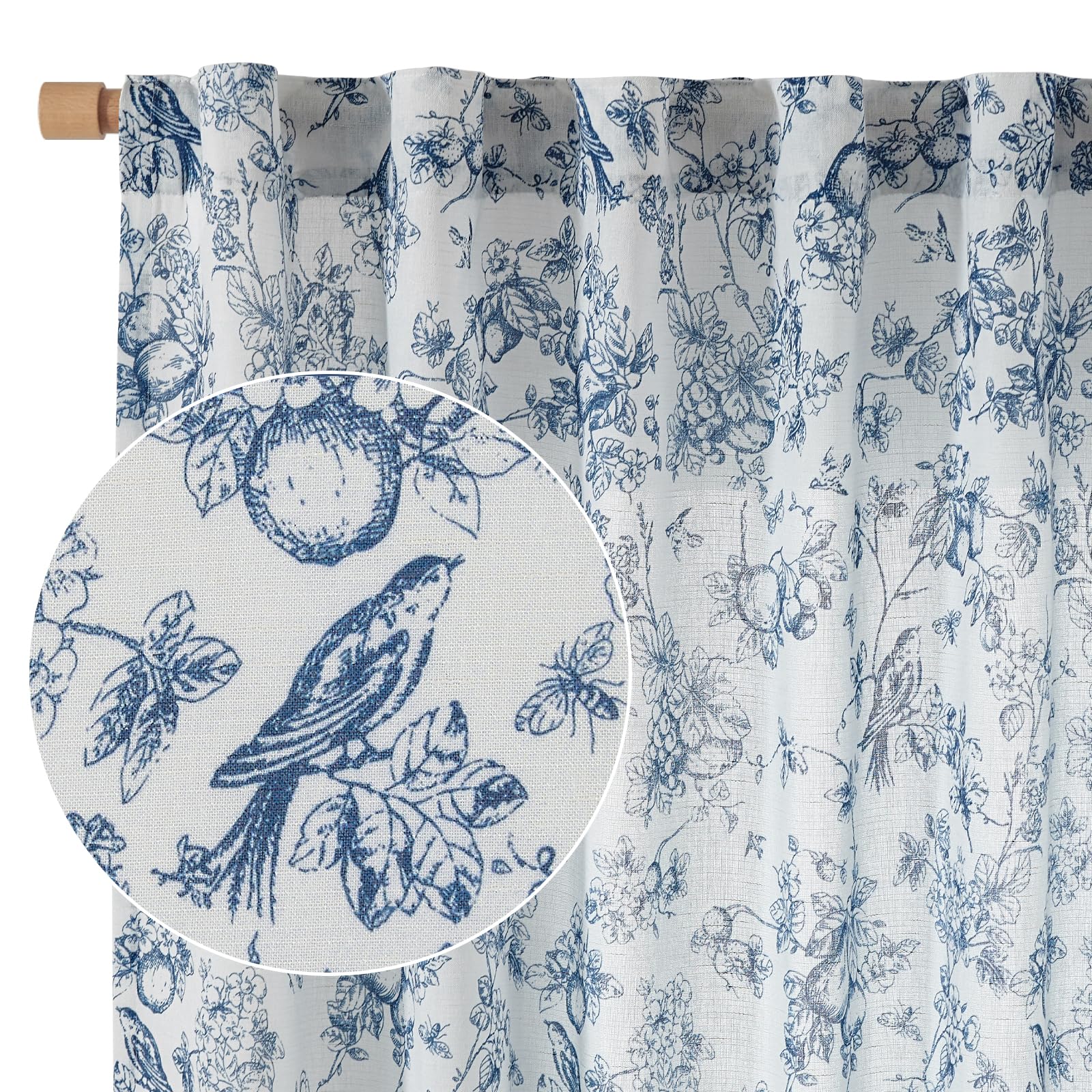 Vangao Linen Floral Curtains for Living Room 63 Inch Length Toile Blue and White Drapes French Country Back Tab Light Filtering Printed Bedroom Decor